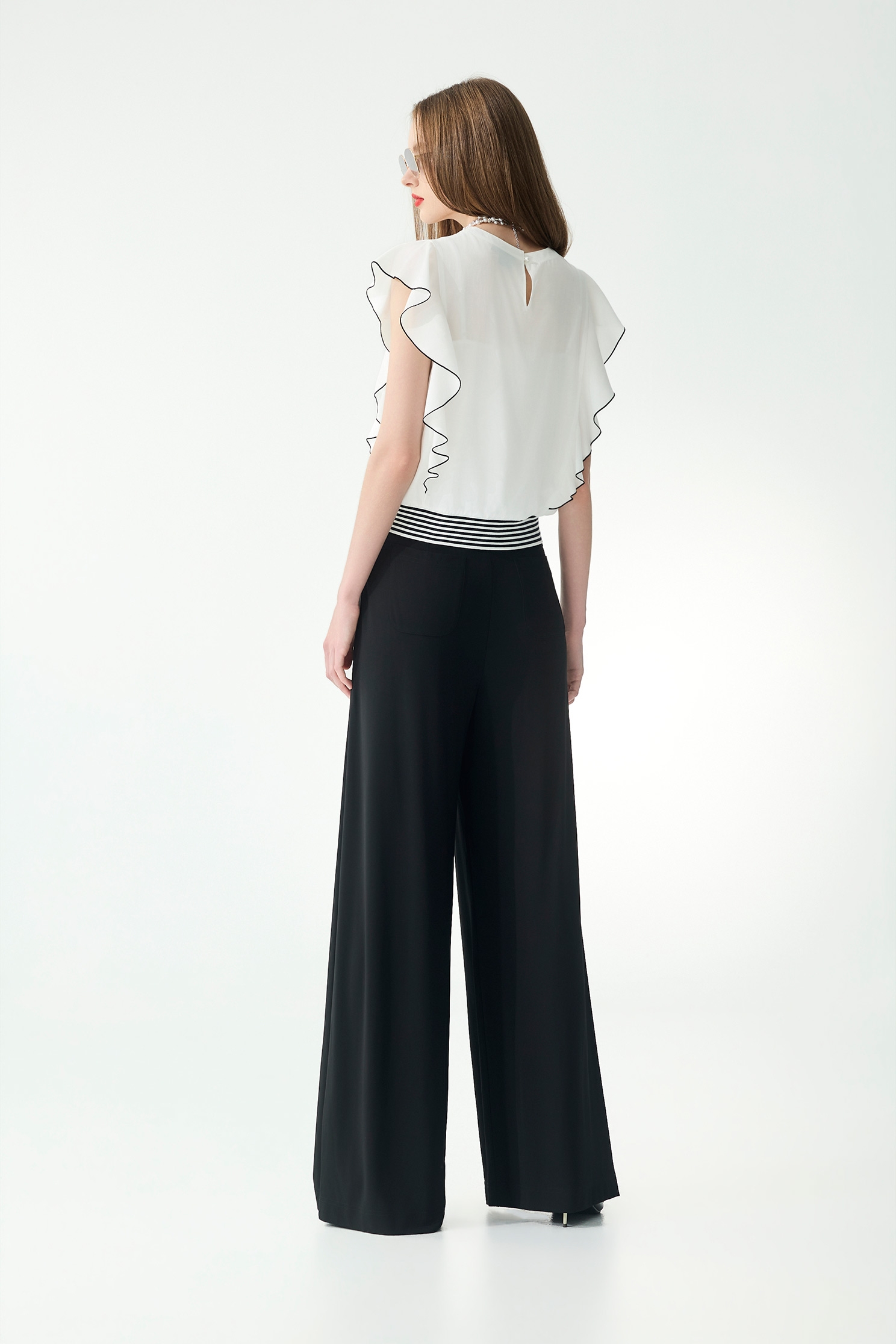 Contrast Black Trim Ruffle Sleeve TopContrast Black Trim Ruffle Sleeve Top,Tops,Season (SS) Look,White tops