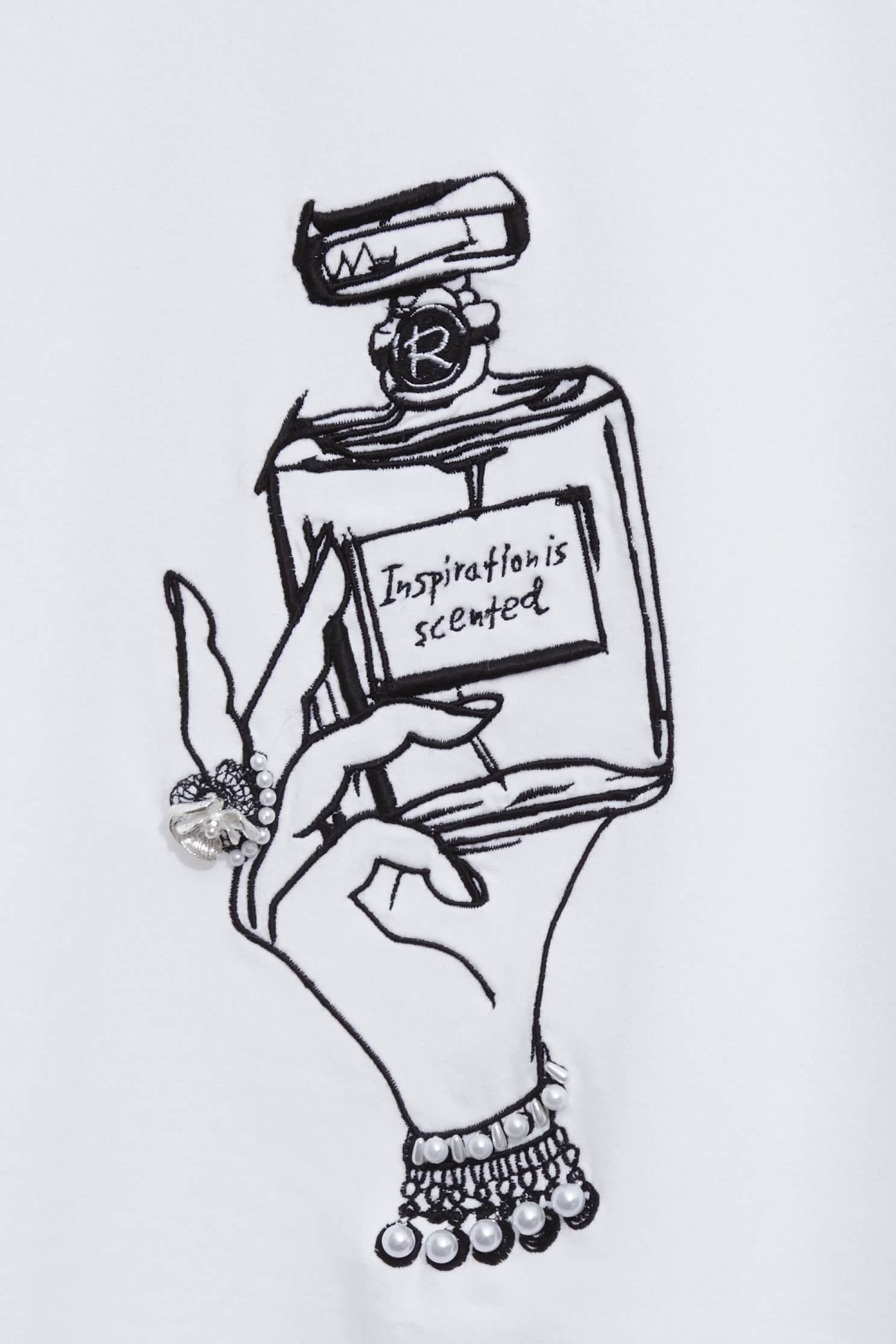 Front Embroidery Graphic TeeFront Embroidery Graphic Tee,Tops,Season (SS) Look,pearl,White tops,Cotton,Embroidered,black tops