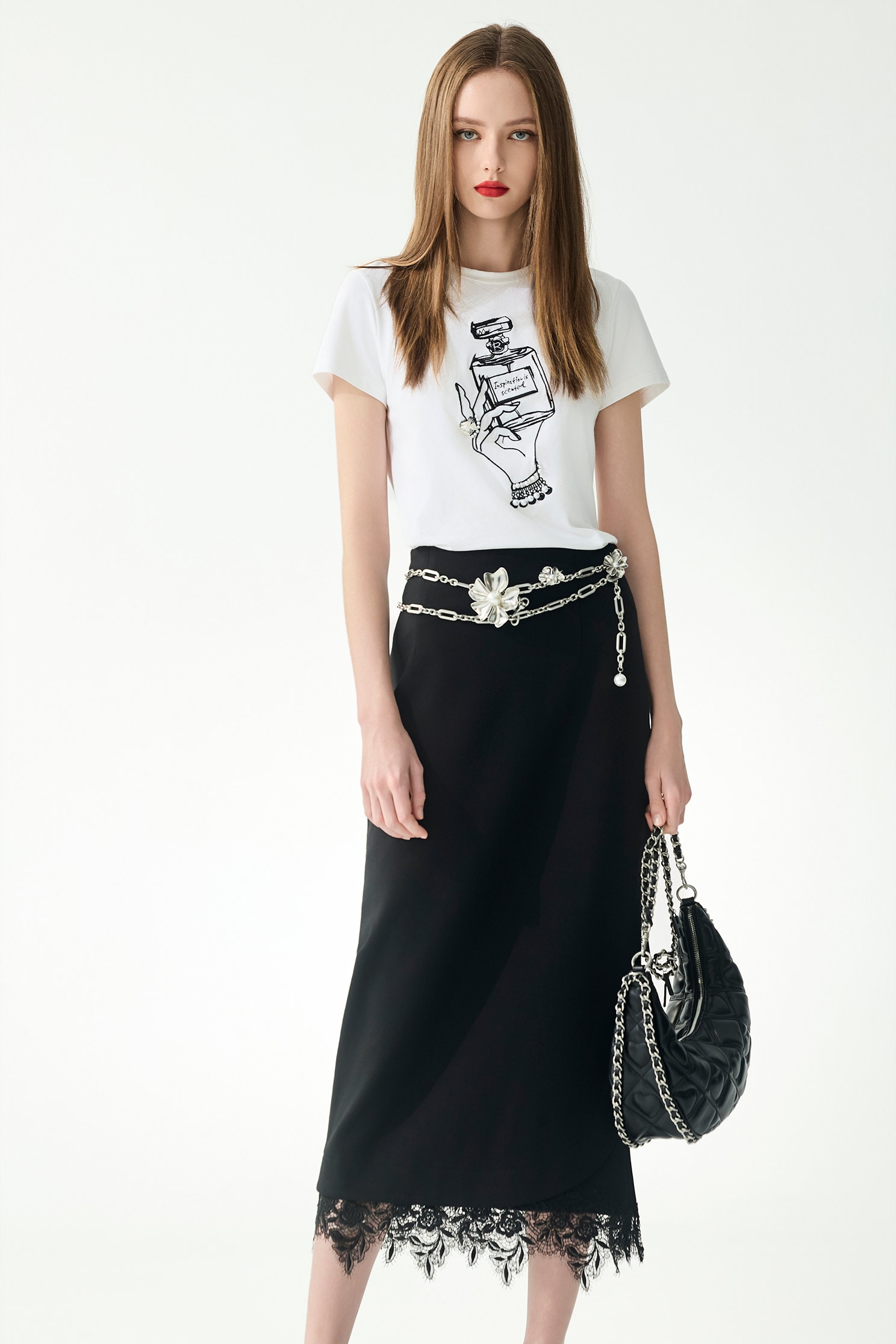 Front Embroidery Graphic TeeFront Embroidery Graphic Tee,Tops,Season (SS) Look,pearl,White tops,Cotton,Embroidered,black tops