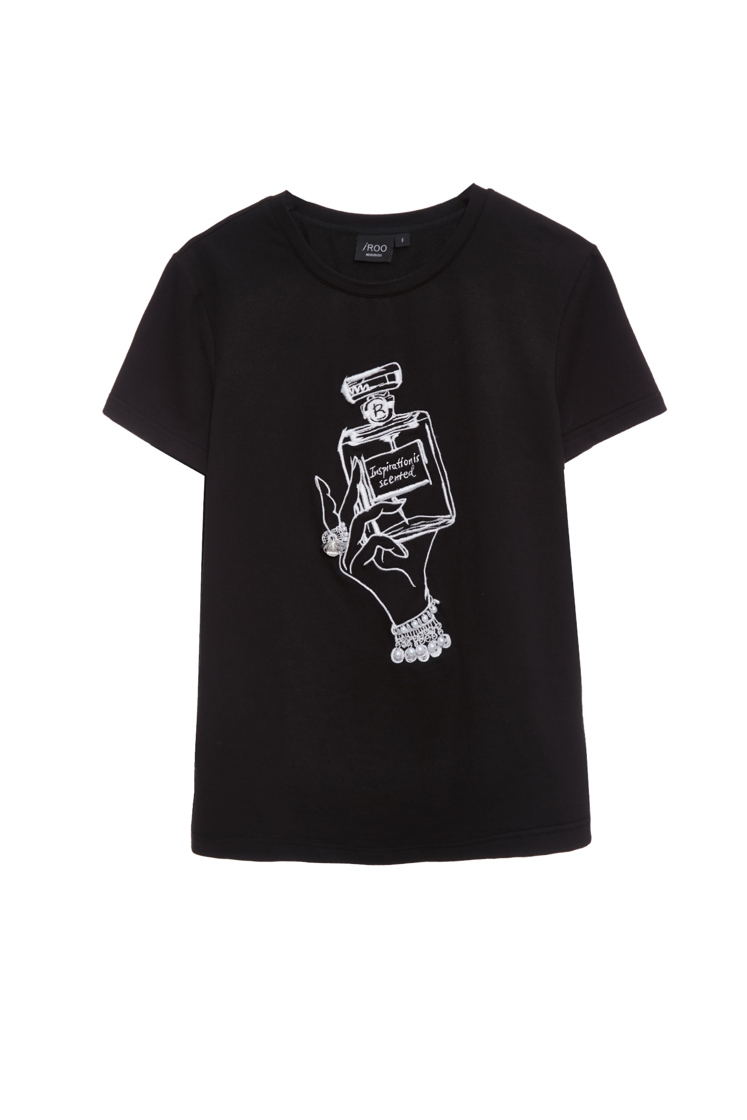 Front Embroidery Graphic TeeFront Embroidery Graphic Tee,Tops,Season (SS) Look,pearl,White tops,Cotton,Embroidered,black tops