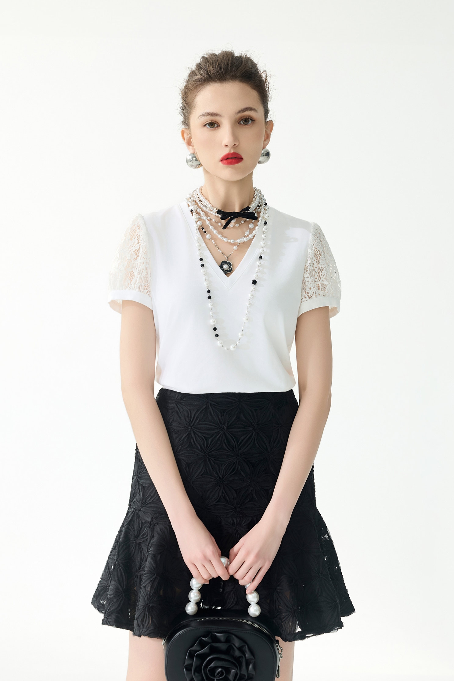 Lace Sleeve V-neck TeeLace Sleeve V-neck Tee,Tops,Season (SS) Look,White tops,Lace