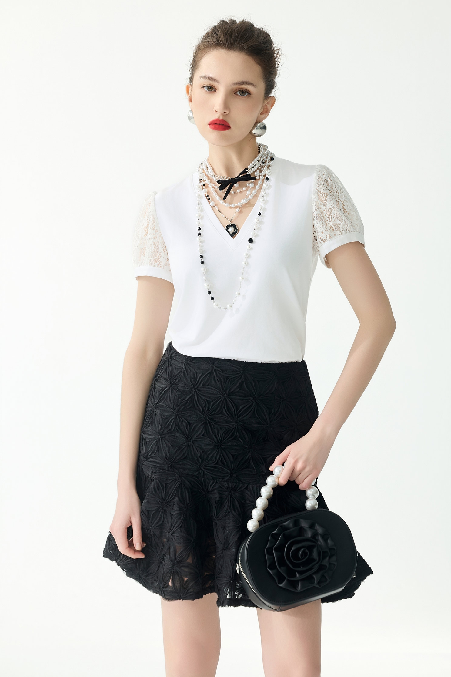 Lace Sleeve V-neck TeeLace Sleeve V-neck Tee,Tops,Season (SS) Look,White tops,Lace