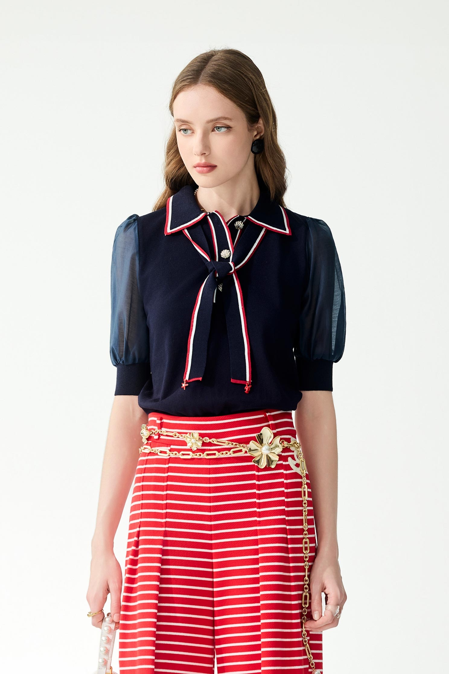 Contrast Red Trim Navy Knit TopContrast Red Trim Navy Knit Top,Tops,Season (SS) Look,White tops,Knitted,Knitted tops