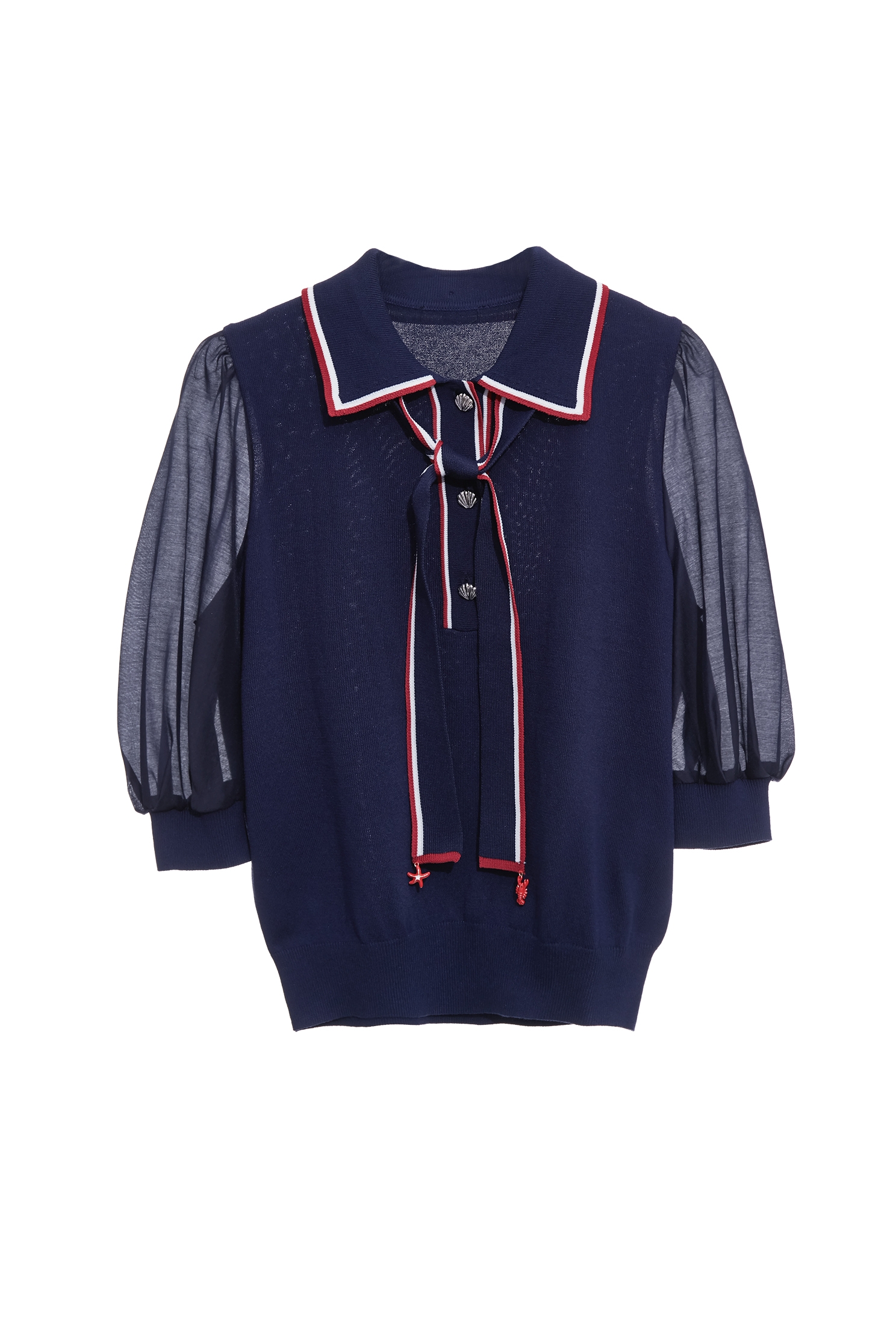 Contrast Red Trim Navy Knit TopContrast Red Trim Navy Knit Top,Tops,Season (SS) Look,White tops,Knitted,Knitted tops