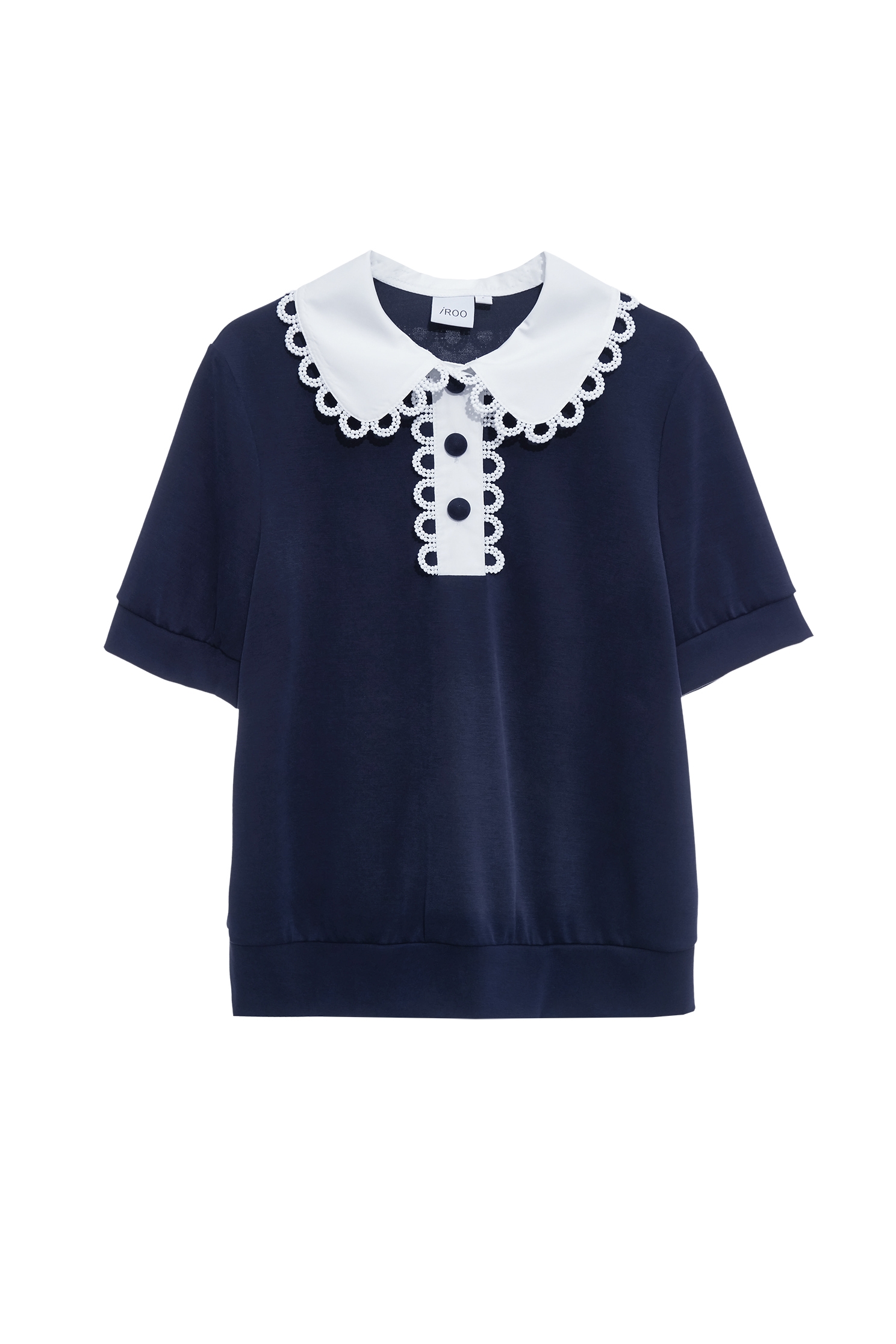 Contrast White Collar Short Sleeve Navy Polo TeeContrast White Collar Short Sleeve Navy Polo Tee,Tops,Season (SS) Look,Lace