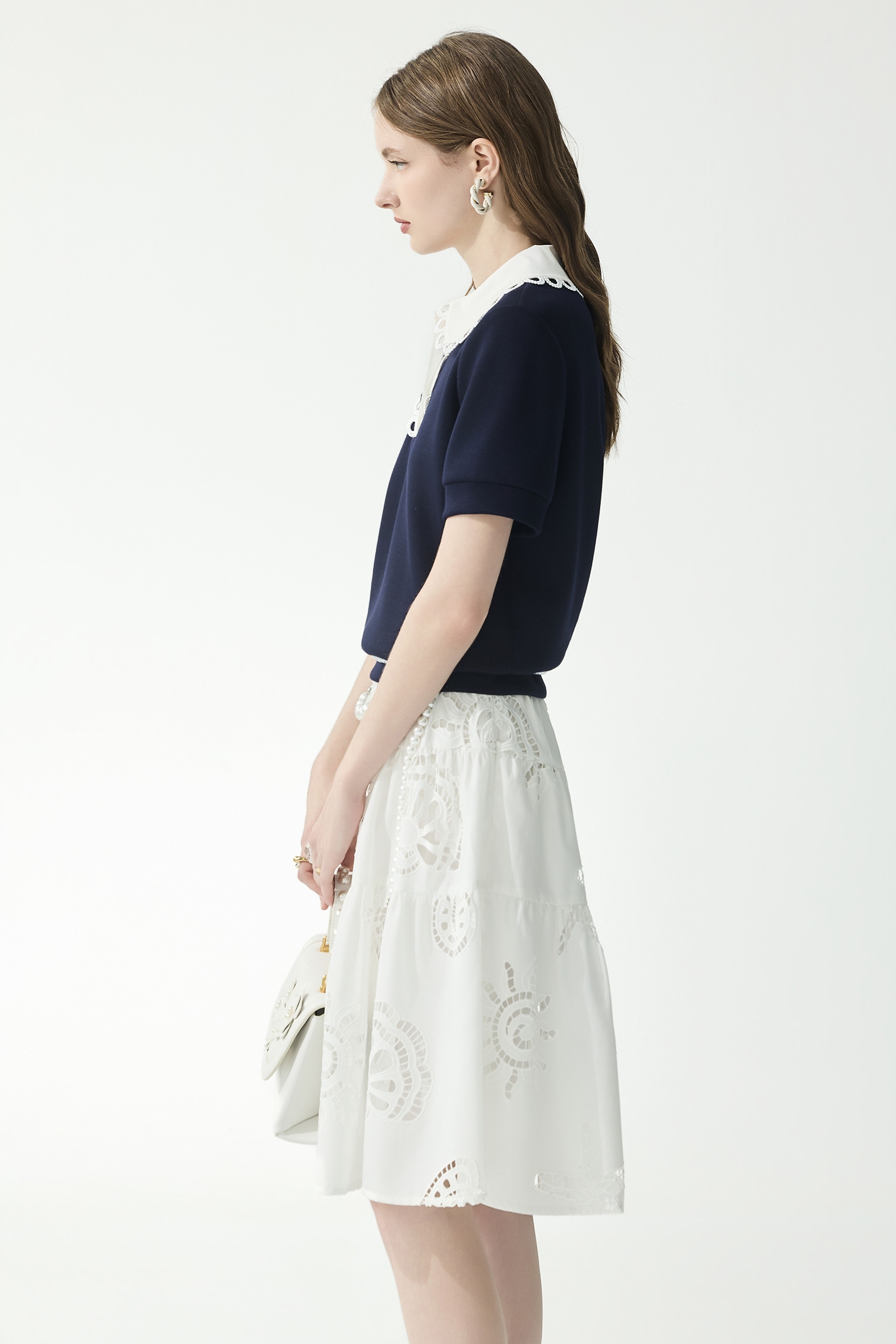Contrast White Collar Short Sleeve Navy Polo TeeContrast White Collar Short Sleeve Navy Polo Tee,Tops,Season (SS) Look,Lace