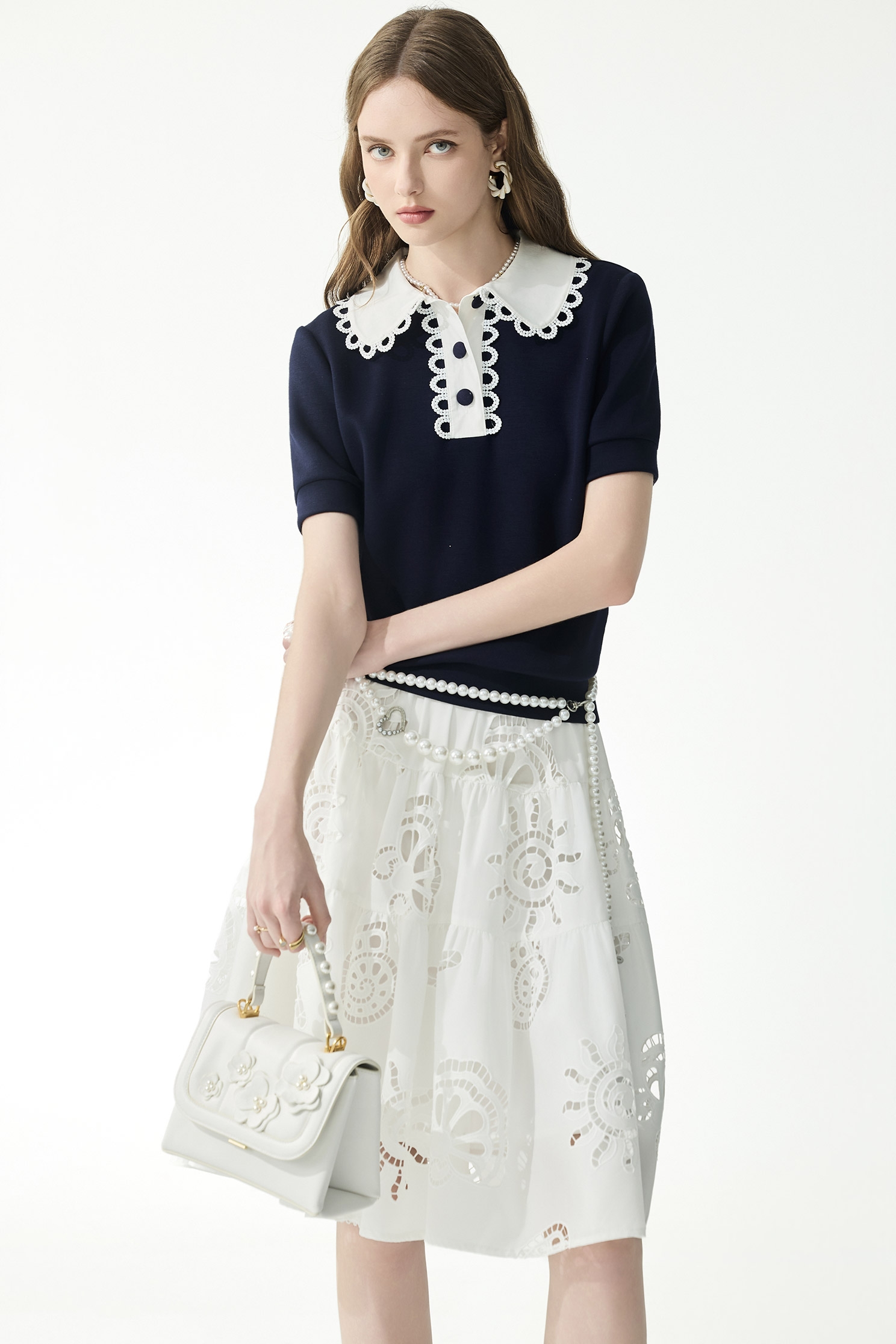 Contrast White Collar Short Sleeve Navy Polo TeeContrast White Collar Short Sleeve Navy Polo Tee,Tops,Season (SS) Look,Lace