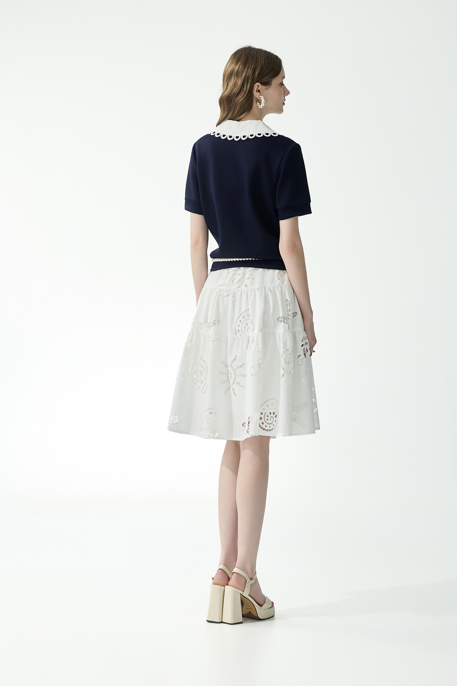 Contrast White Collar Short Sleeve Navy Polo TeeContrast White Collar Short Sleeve Navy Polo Tee,Tops,Season (SS) Look,Lace