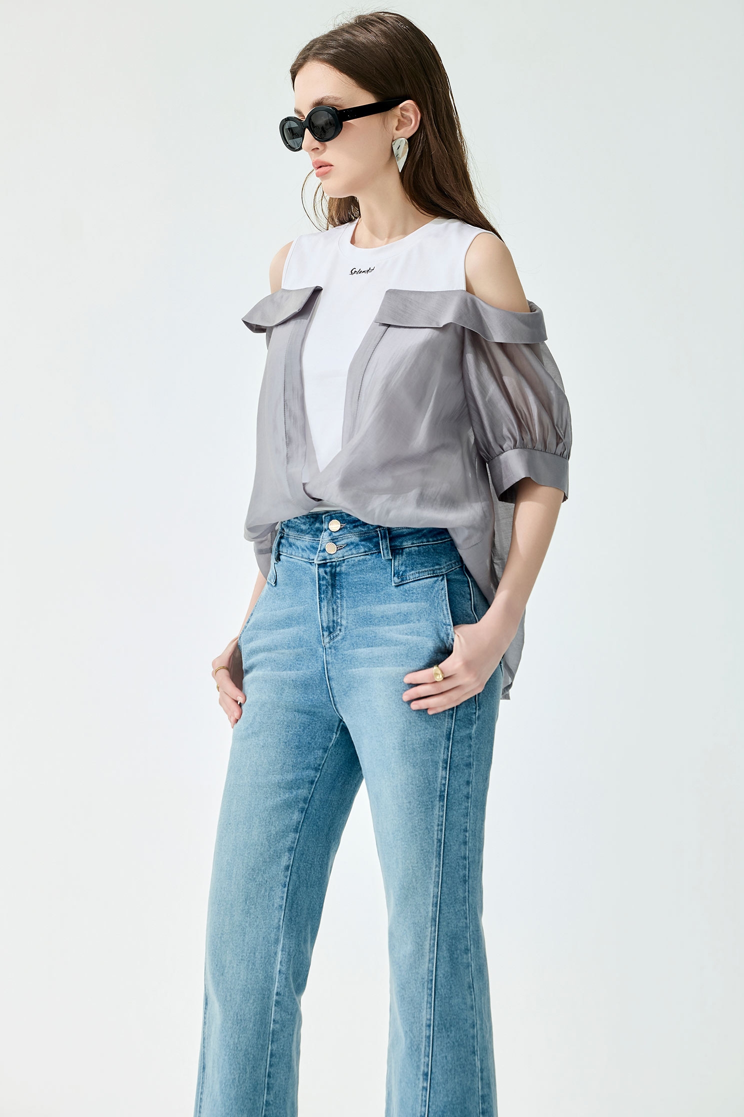 Cold Shoulder Fake Two Piece TopCold Shoulder Fake Two Piece Top,Tops,Season (SS) Look,White tops