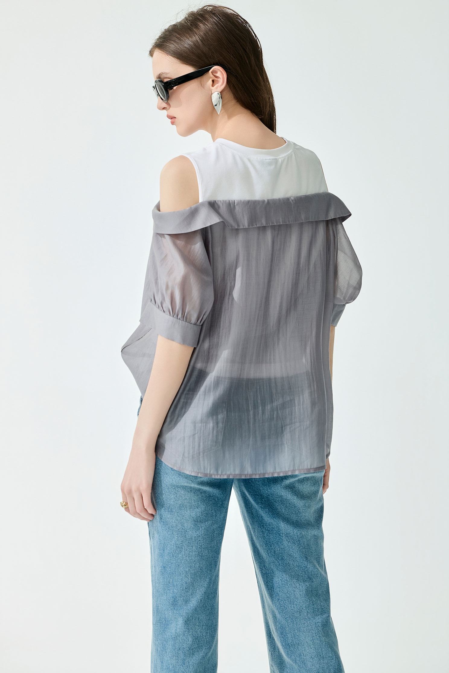Cold Shoulder Fake Two Piece TopCold Shoulder Fake Two Piece Top,Tops,Season (SS) Look,White tops