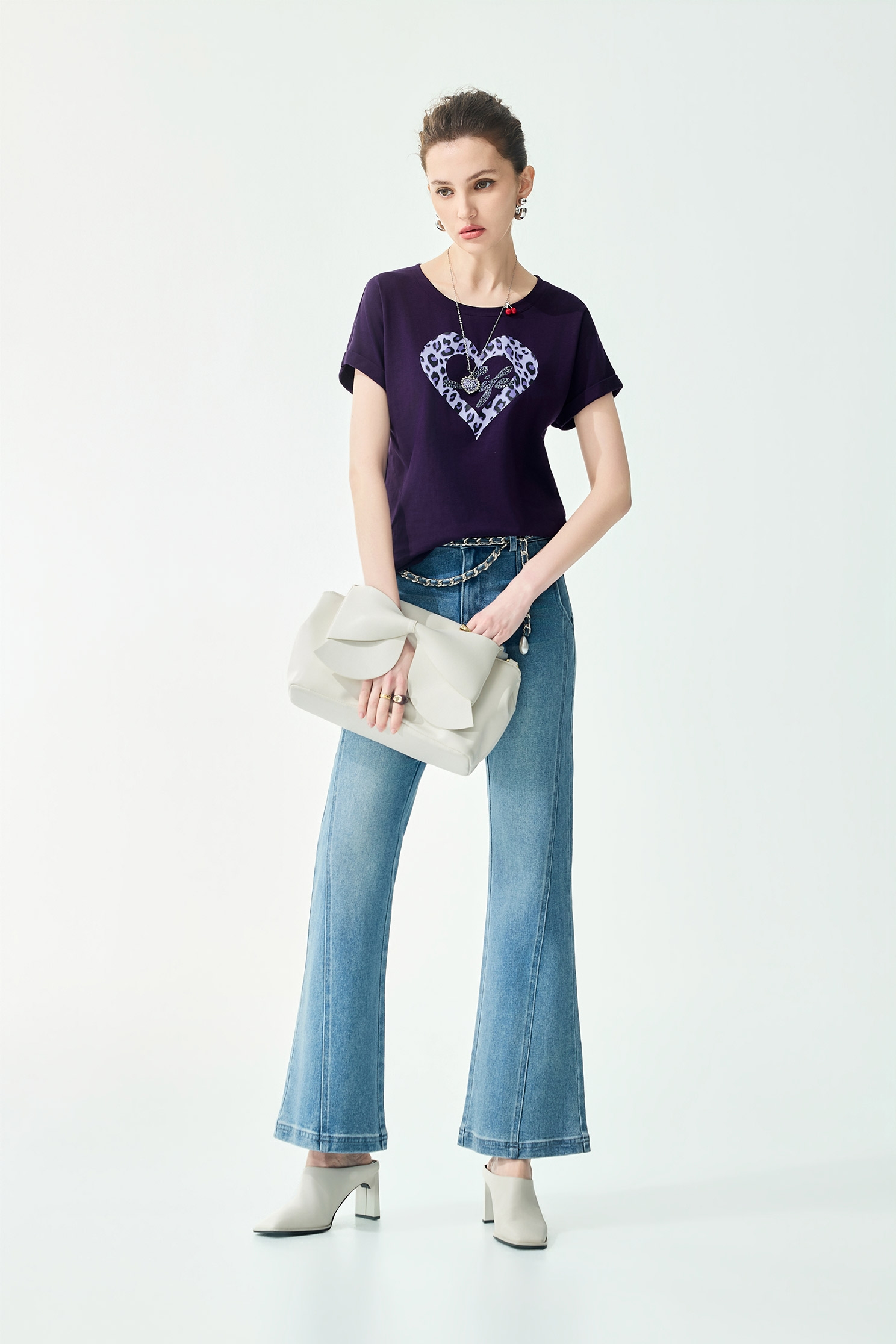 Leopard Print Heart Motif Dark Purple TeeLeopard Print Heart Motif Dark Purple Tee,Tops,Season (SS) Look,Cotton