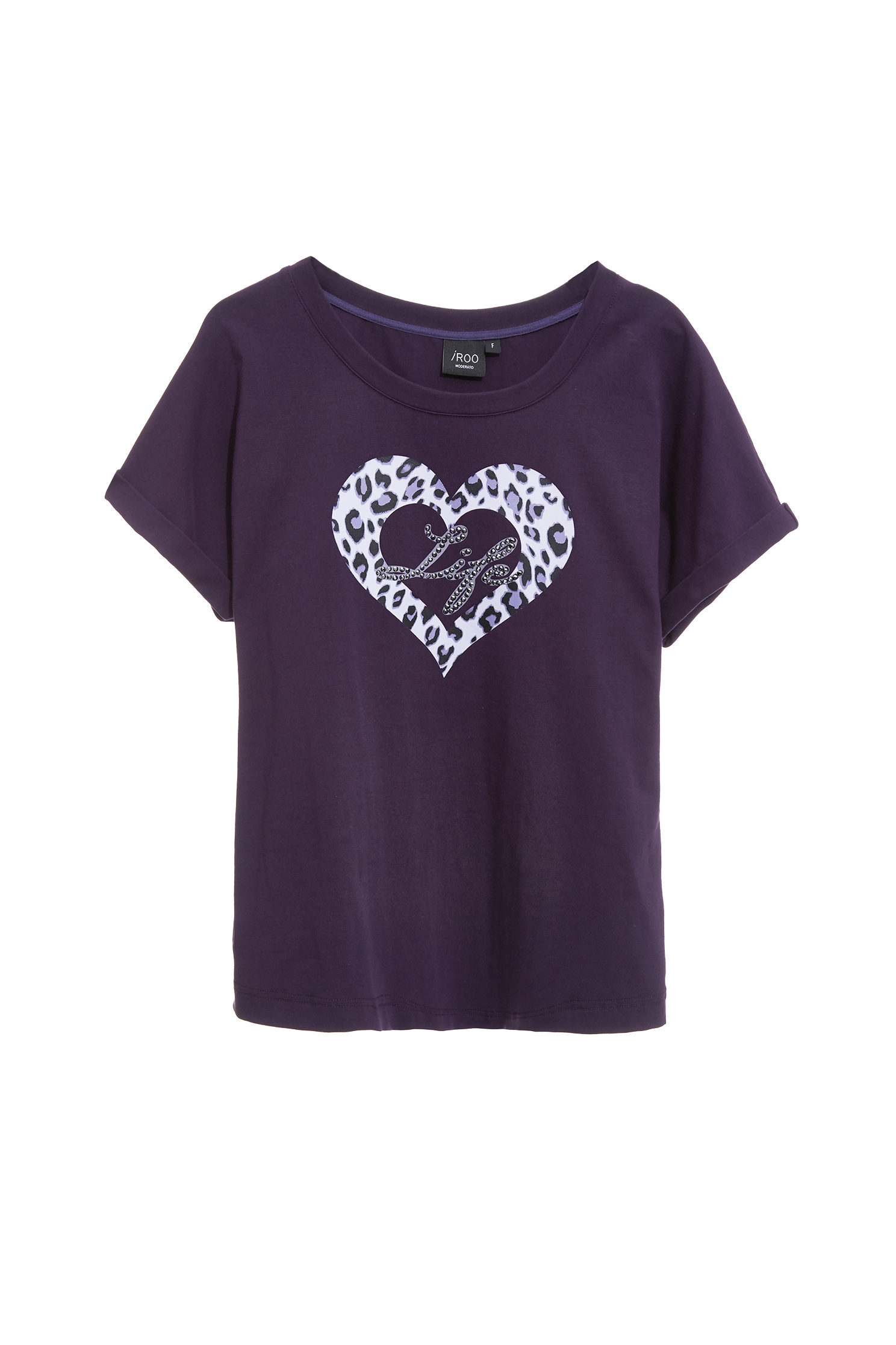 Leopard Print Heart Motif Dark Purple TeeLeopard Print Heart Motif Dark Purple Tee,Tops,Season (SS) Look,Cotton