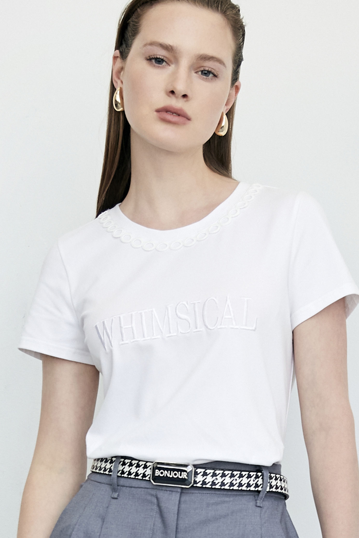 Front Embroidered Slogan Short Sleeve TeeFront Embroidered Slogan Short Sleeve Tee,T-shirts,Season (AW) Look,Cotton,Embroidered