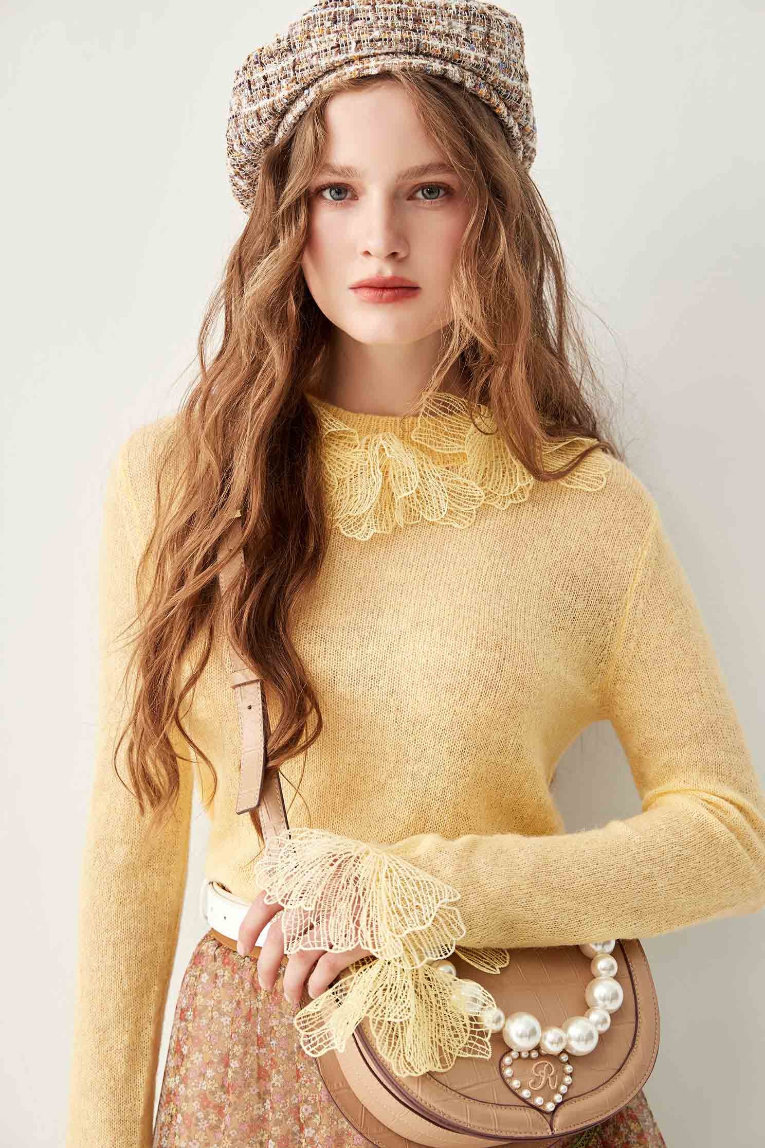 Long Sleeve Knit Top With Lotus Lace MotifsLong Sleeve Knit Top With Lotus Lace Motifs,Tops,Season (AW) Look,Lace,Knitted,Knitted tops