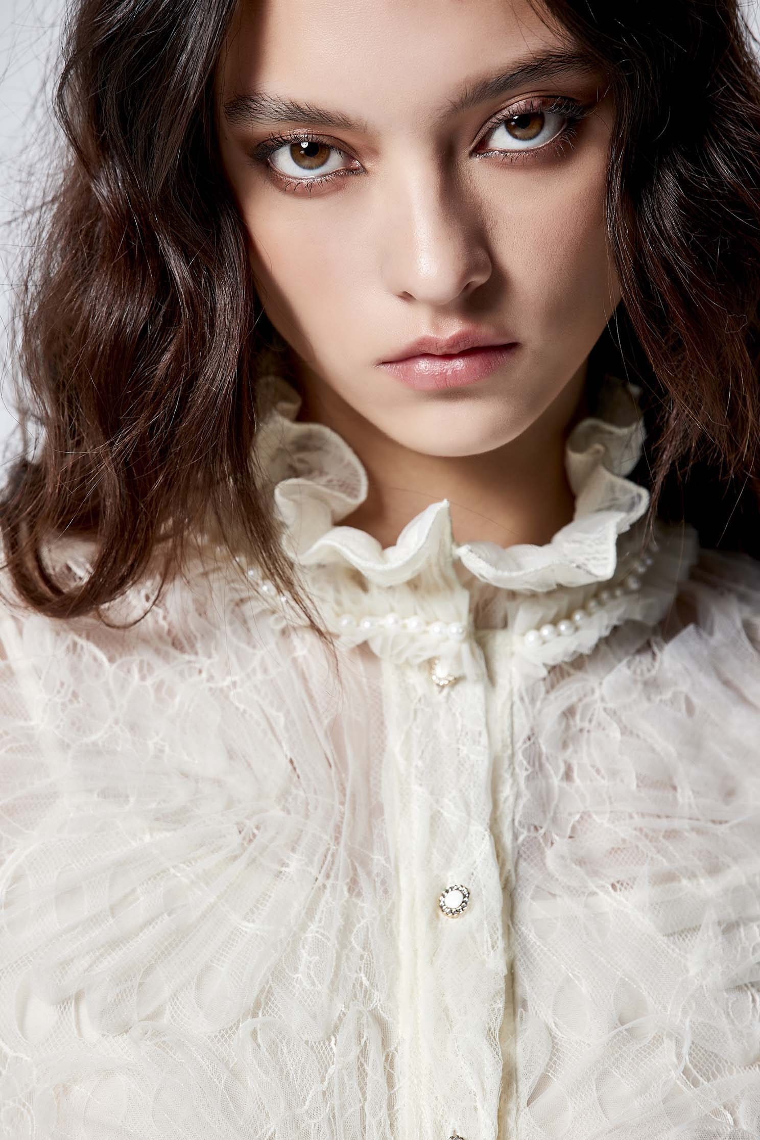 Ruffle Collar Mesh Lace TopRuffle Collar Mesh Lace Top,pearl,Season (AW) Look,Thin straps,sleeveless tops,Lace,Blouses