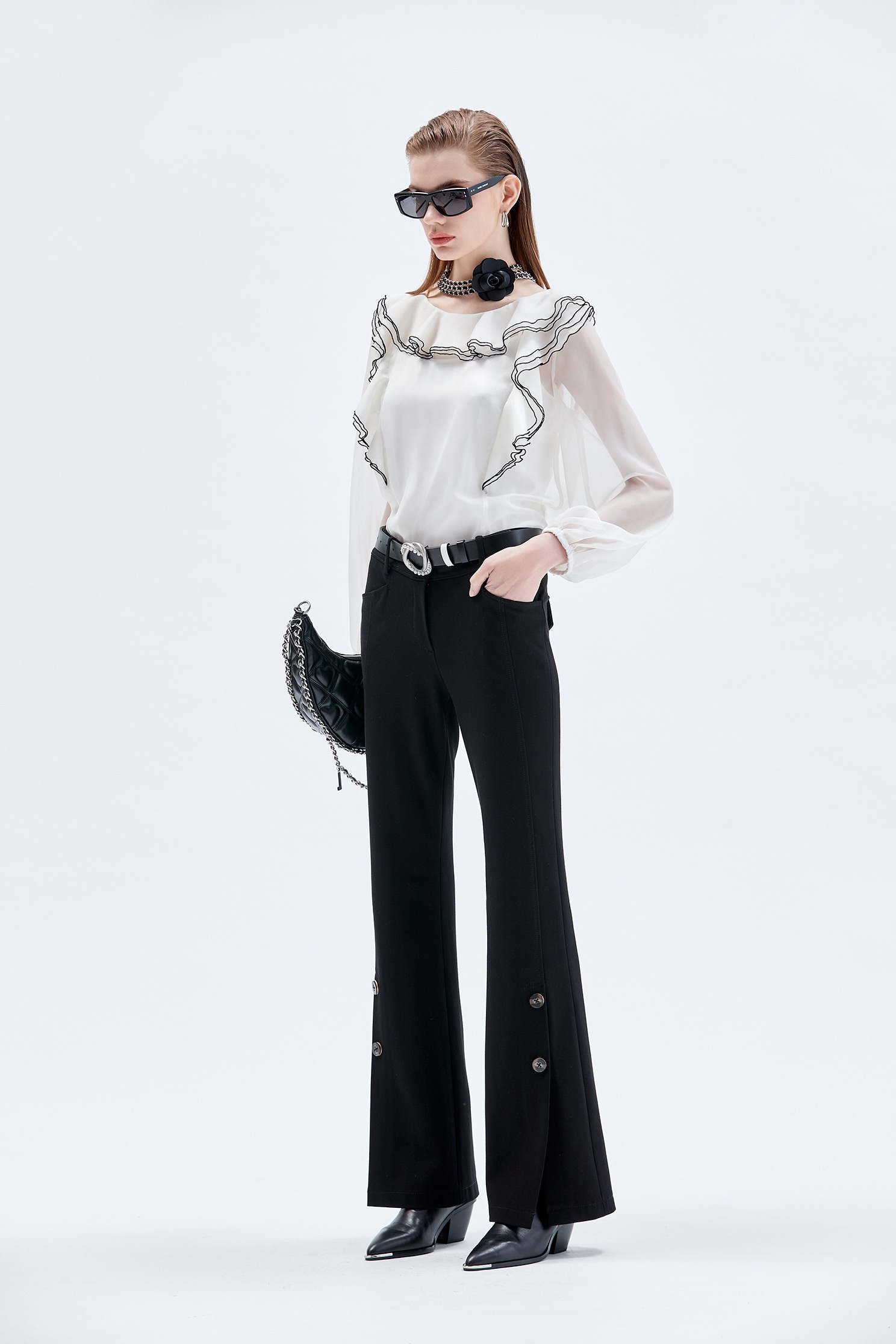 Ruffle Detail Organza Top奶油白黑邊荷葉長袖上衣,Tops,Season (AW) Look