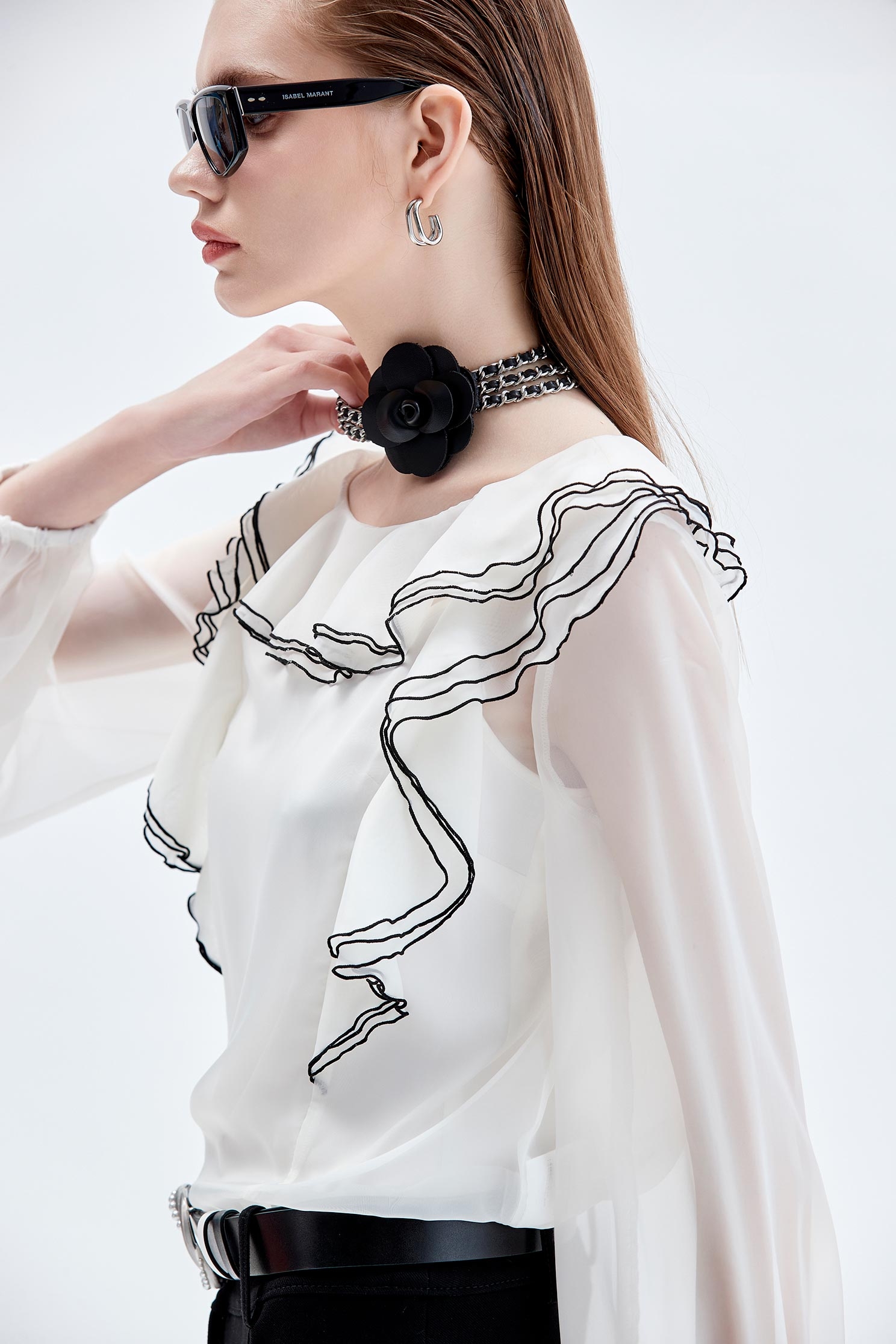 Ruffle Detail Organza Top奶油白黑邊荷葉長袖上衣,Tops,Season (AW) Look