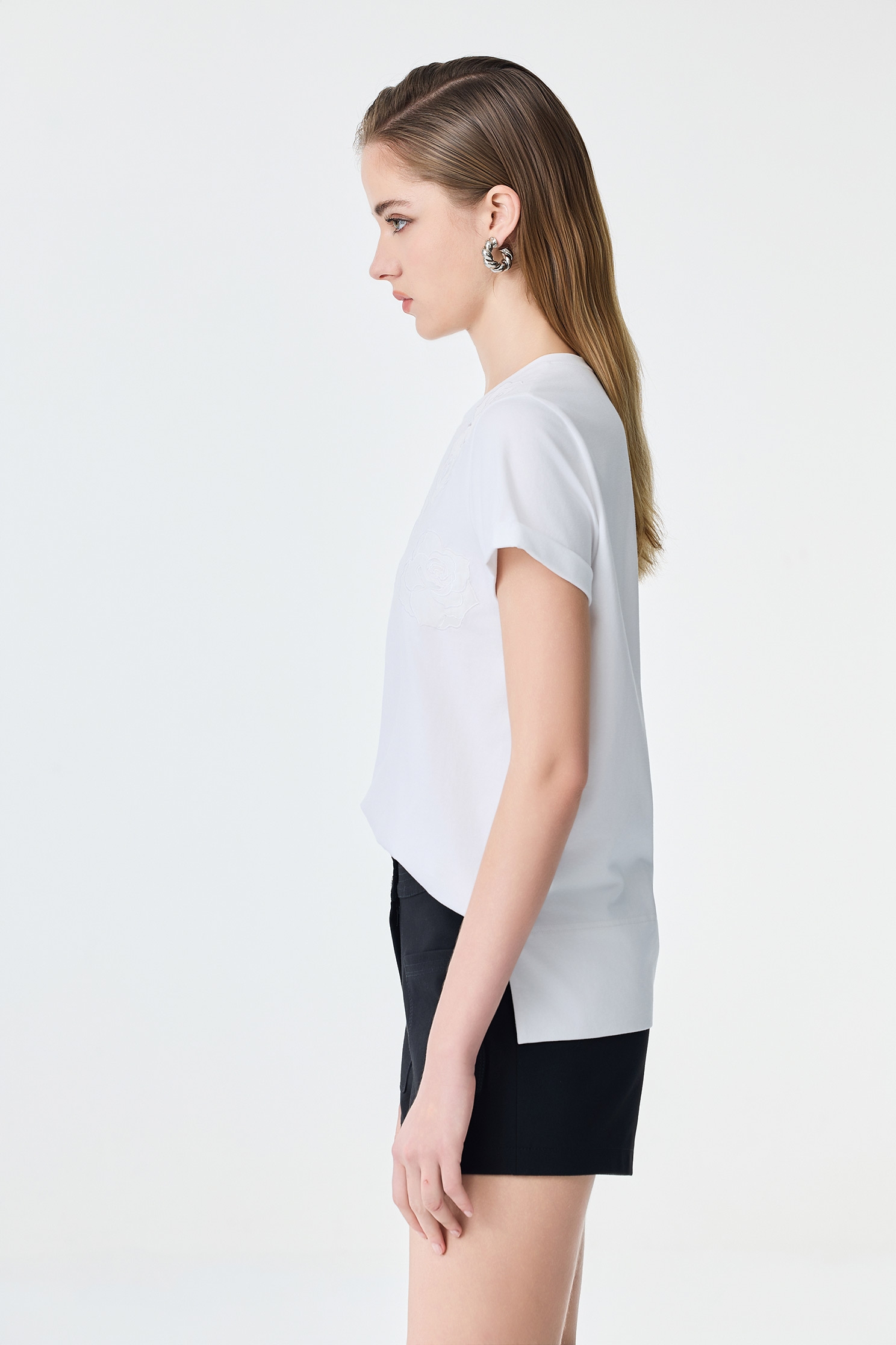 Rose Hollow Out Short Sleeve Tee,Tops,Season (SS) Look,Back To Classic,blossoms,Back To B/W