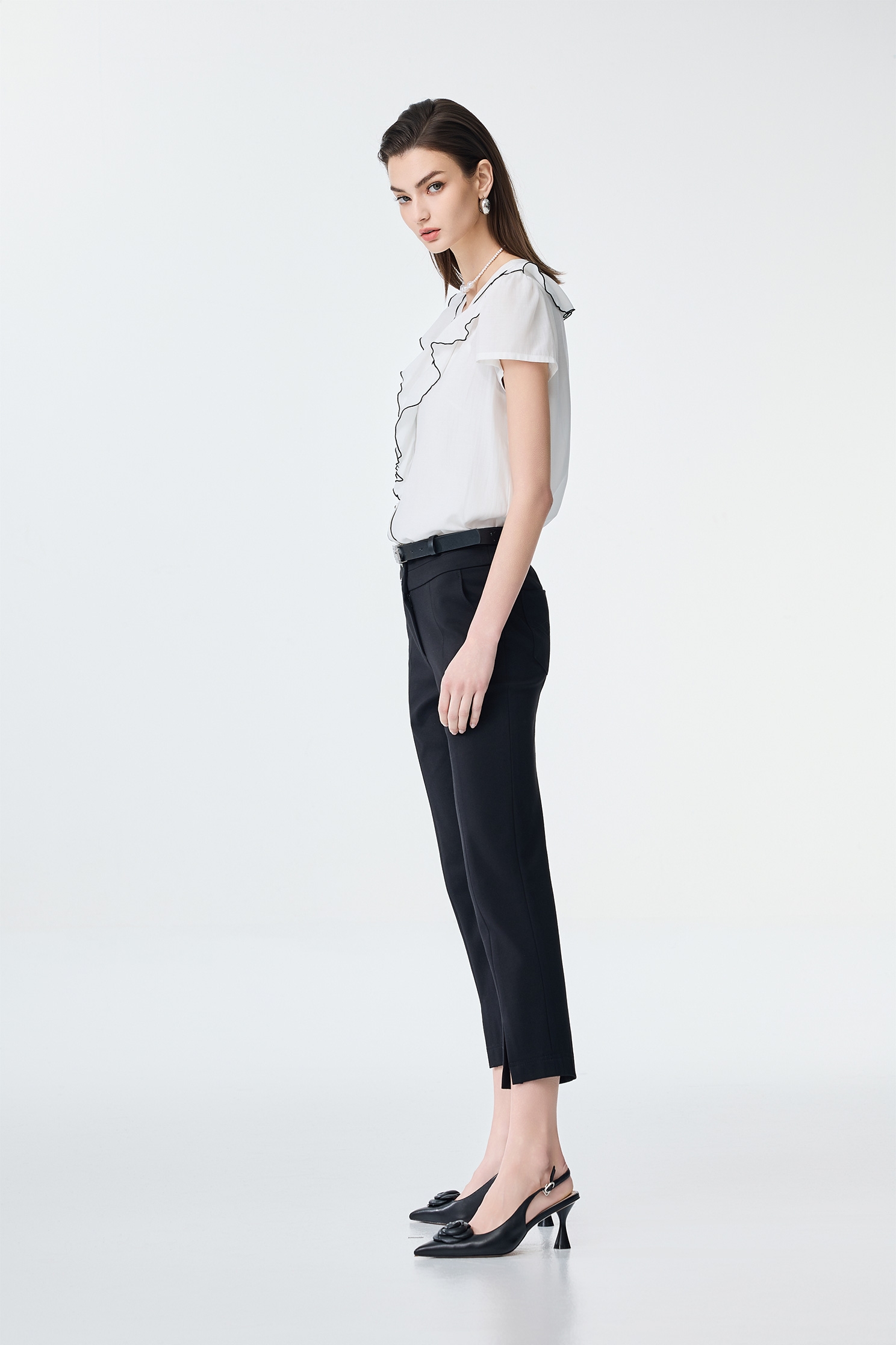 Black Trim Ruffle Detail Top,Office Looks,Tops,Season (SS) Look,Back To Classic,Back To B/W