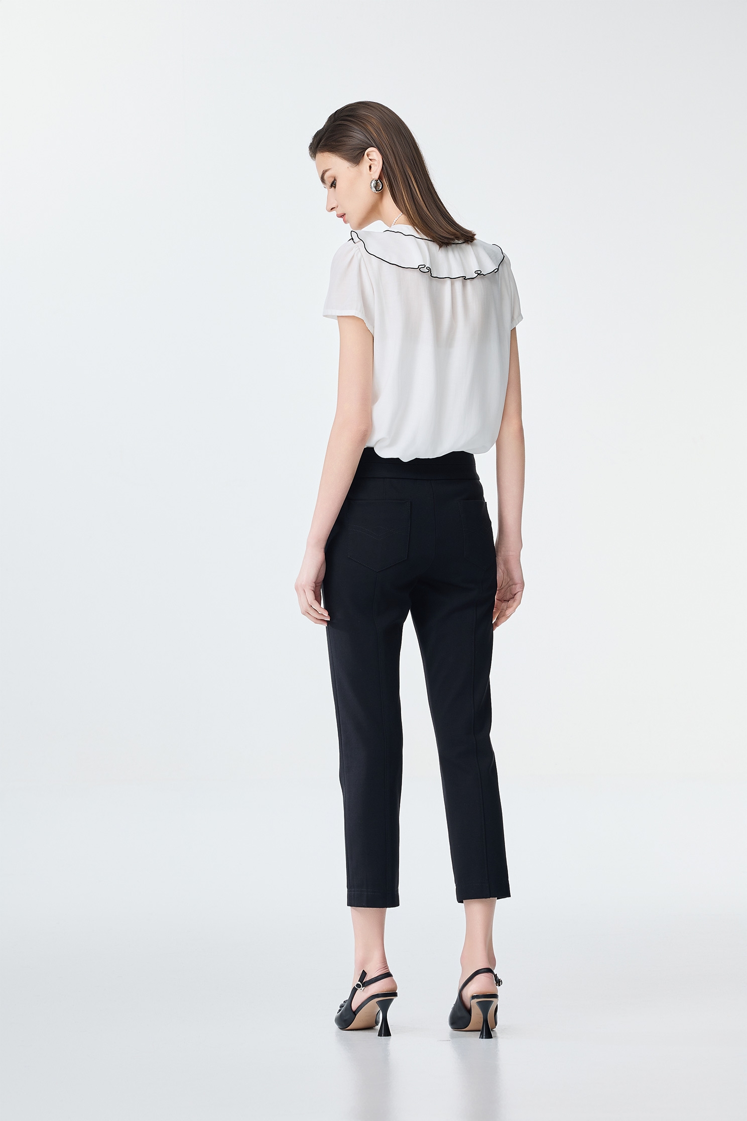 Black Trim Ruffle Detail Top,Office Looks,Tops,Season (SS) Look,Back To Classic,Back To B/W