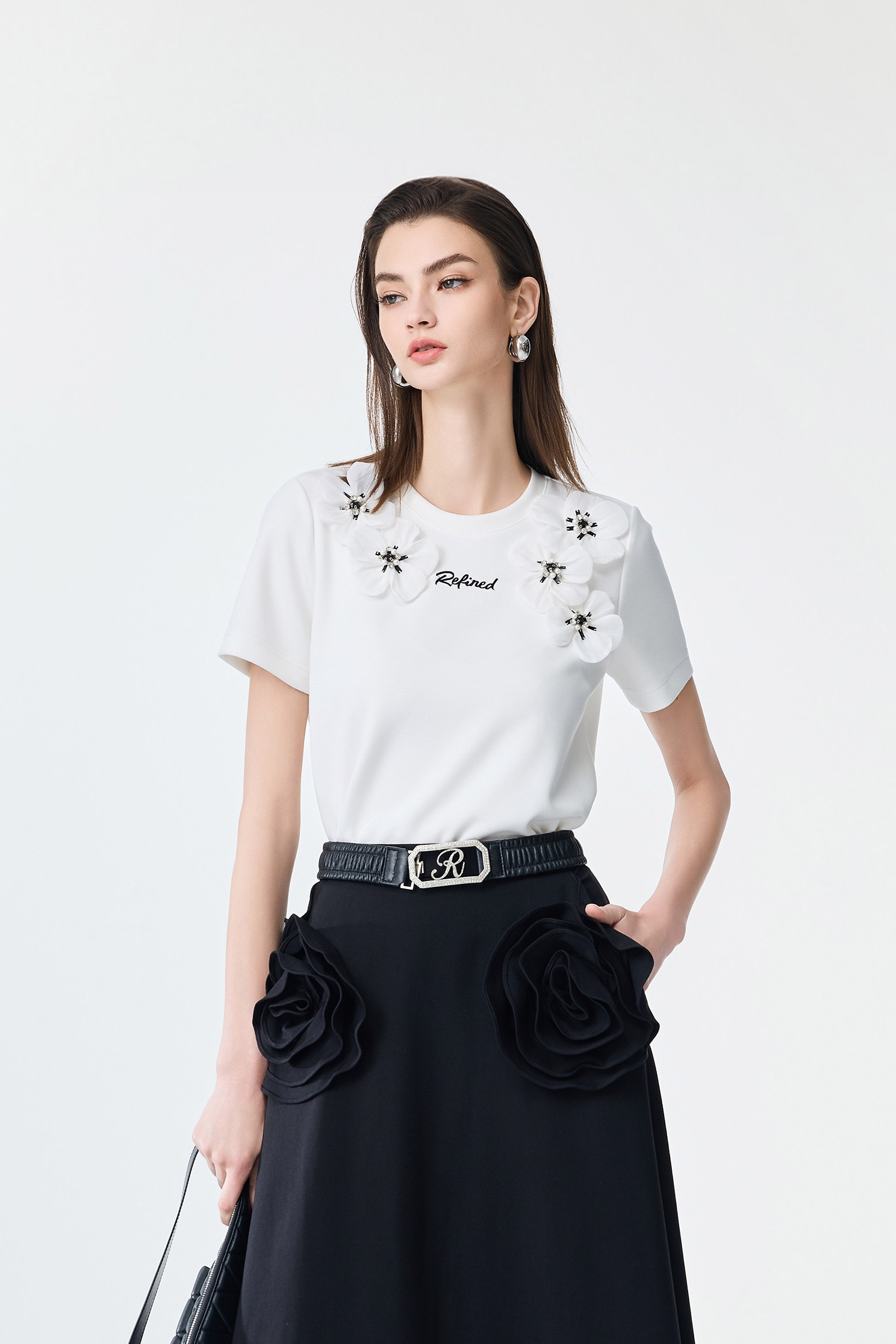 3-D Floral Detail Short Sleeve Tee,Tops,Season (SS) Look,Back To Classic,blossoms,Back To B/W