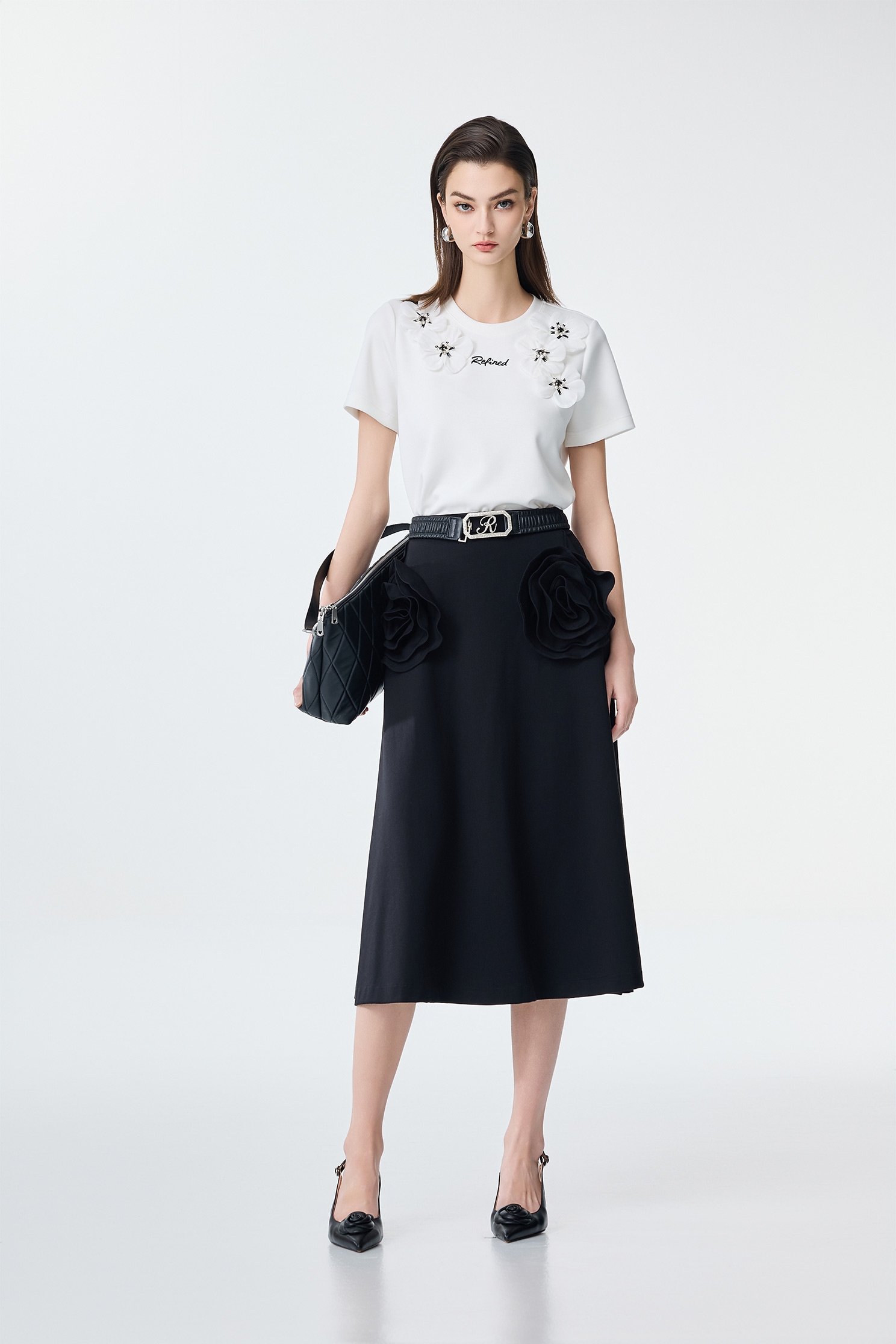 3-D Floral Detail Short Sleeve Tee,Tops,Season (SS) Look,Back To Classic,blossoms,Back To B/W