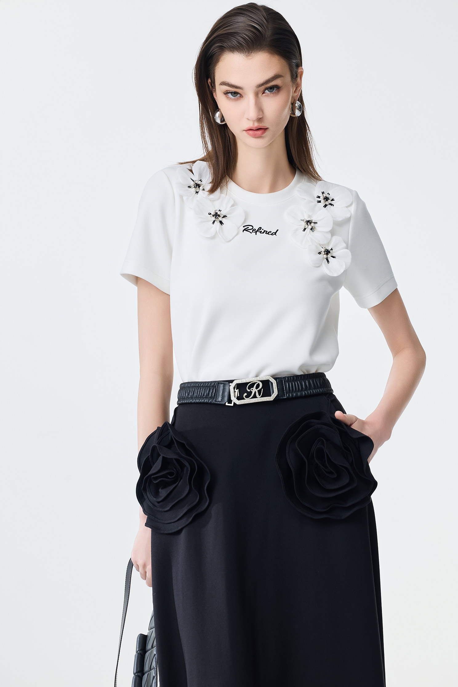 3-D Floral Detail Short Sleeve Tee,Tops,Season (SS) Look,Back To Classic,blossoms,Back To B/W