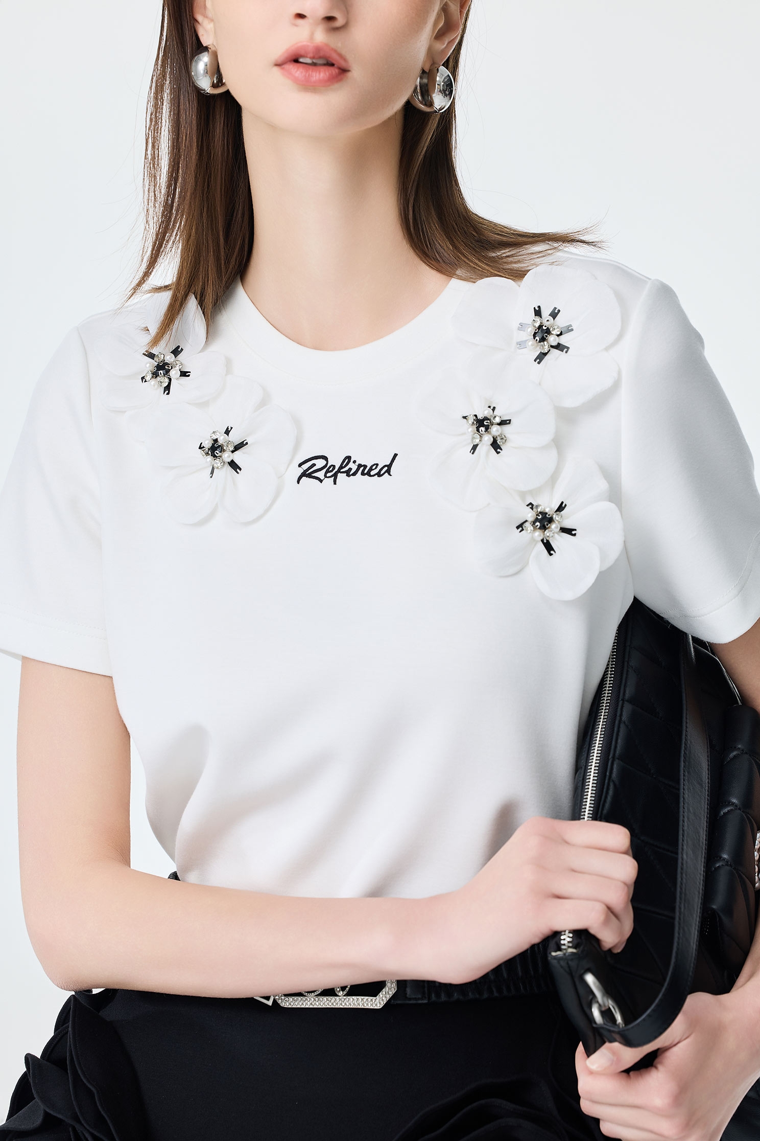 3-D Floral Detail Short Sleeve Tee,Tops,Season (SS) Look,Back To Classic,blossoms,Back To B/W