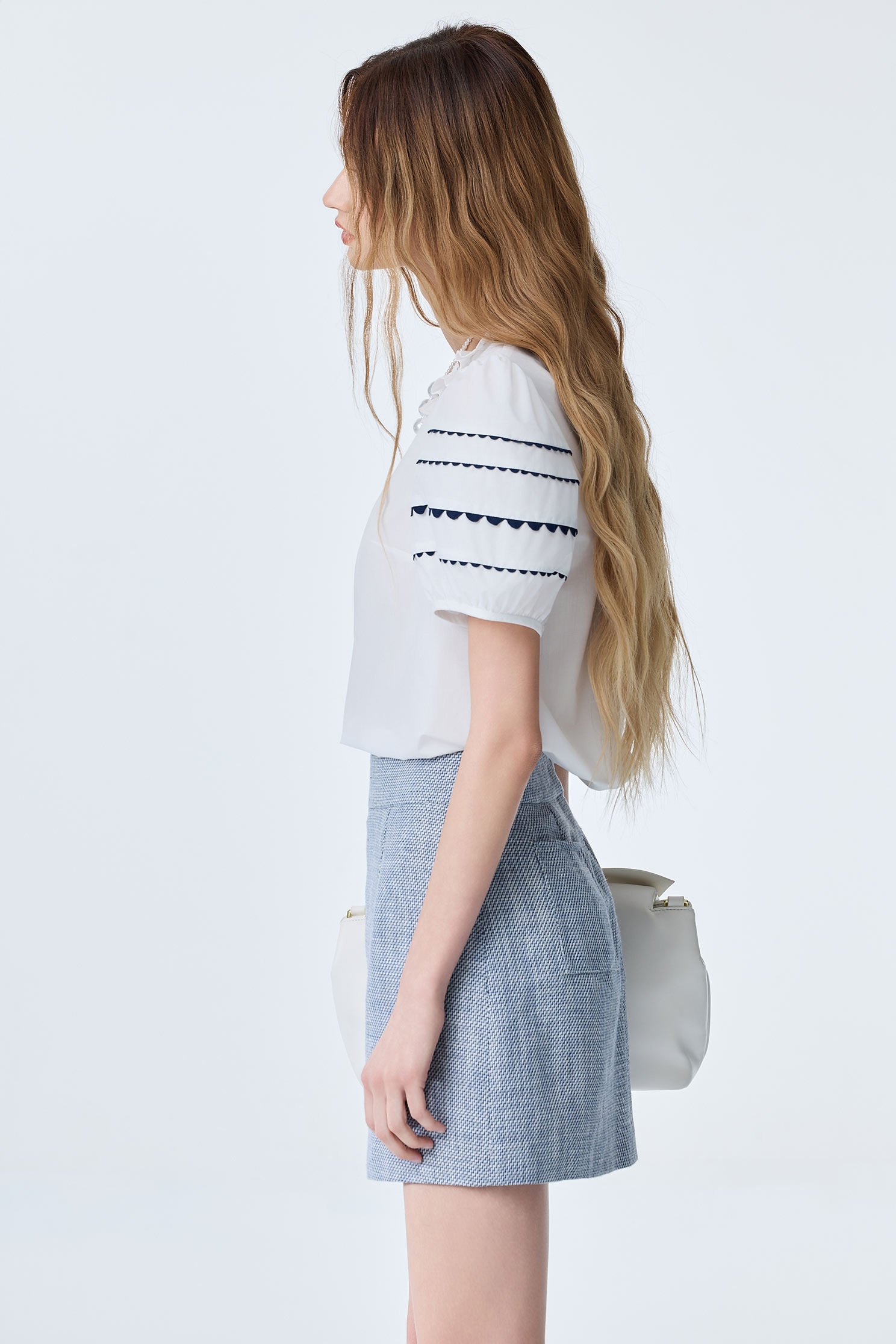 Contrast Navy Trim Detail Ruffle Neckline TopContrast Navy Trim Detail Ruffle Neckline Top,Tops,Season (SS) Look,White tops,Urban Fashion