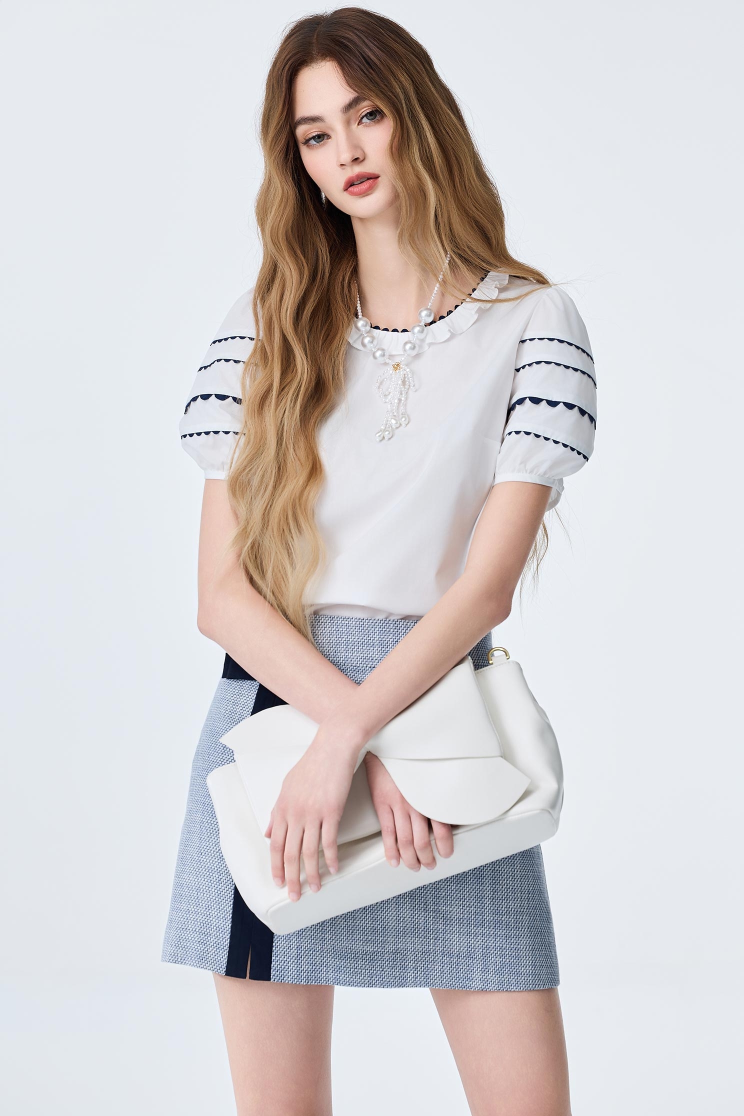 Contrast Navy Trim Detail Ruffle Neckline TopContrast Navy Trim Detail Ruffle Neckline Top,Tops,Season (SS) Look,White tops,Urban Fashion