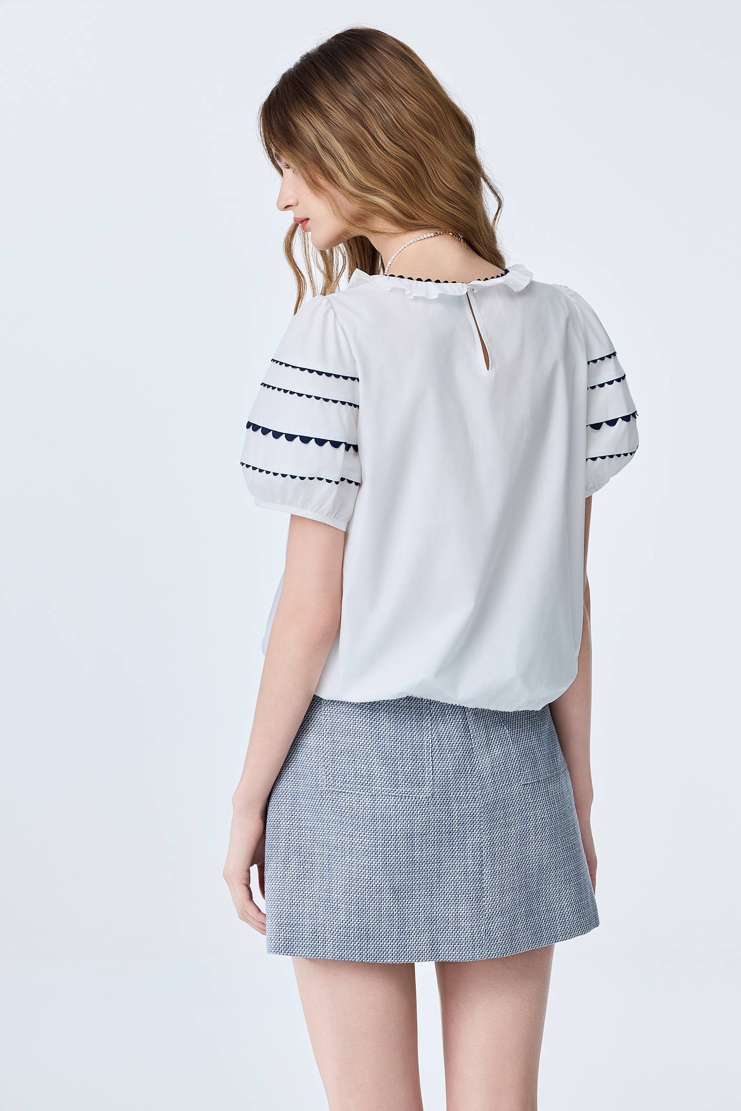 Contrast Navy Trim Detail Ruffle Neckline TopContrast Navy Trim Detail Ruffle Neckline Top,Tops,Season (SS) Look,White tops,Urban Fashion