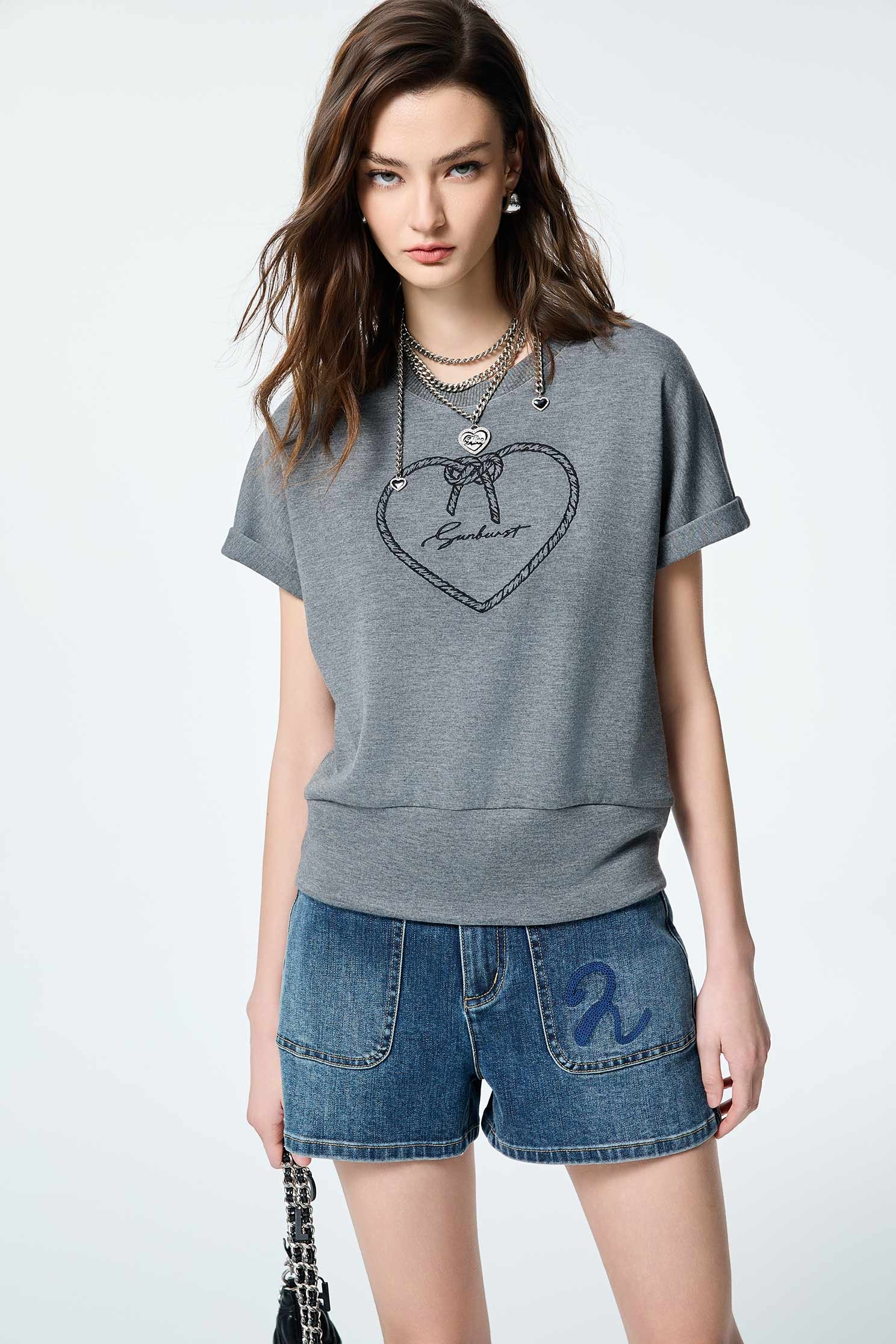 Heart Embroidery Graphic Grey TeeHeart Embroidery Graphic Grey Tee,T-shirts,Tops,Season (SS) Look,Embroidered,Urban Fashion