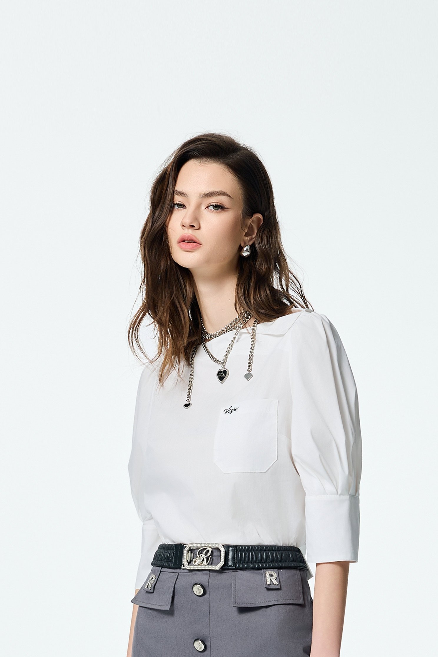 Boat Neckline With Foldover Collar TopBoat Neckline With Foldover Collar Top,Tops,Season (SS) Look,White tops,Embroidered,Urban Fashion
