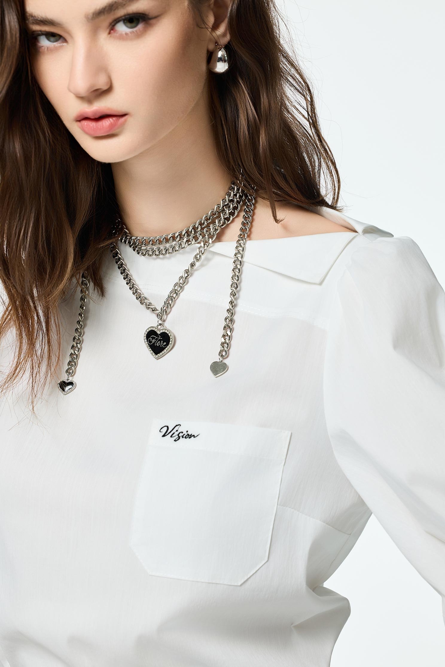 Boat Neckline With Foldover Collar TopBoat Neckline With Foldover Collar Top,Tops,Season (SS) Look,White tops,Embroidered,Urban Fashion