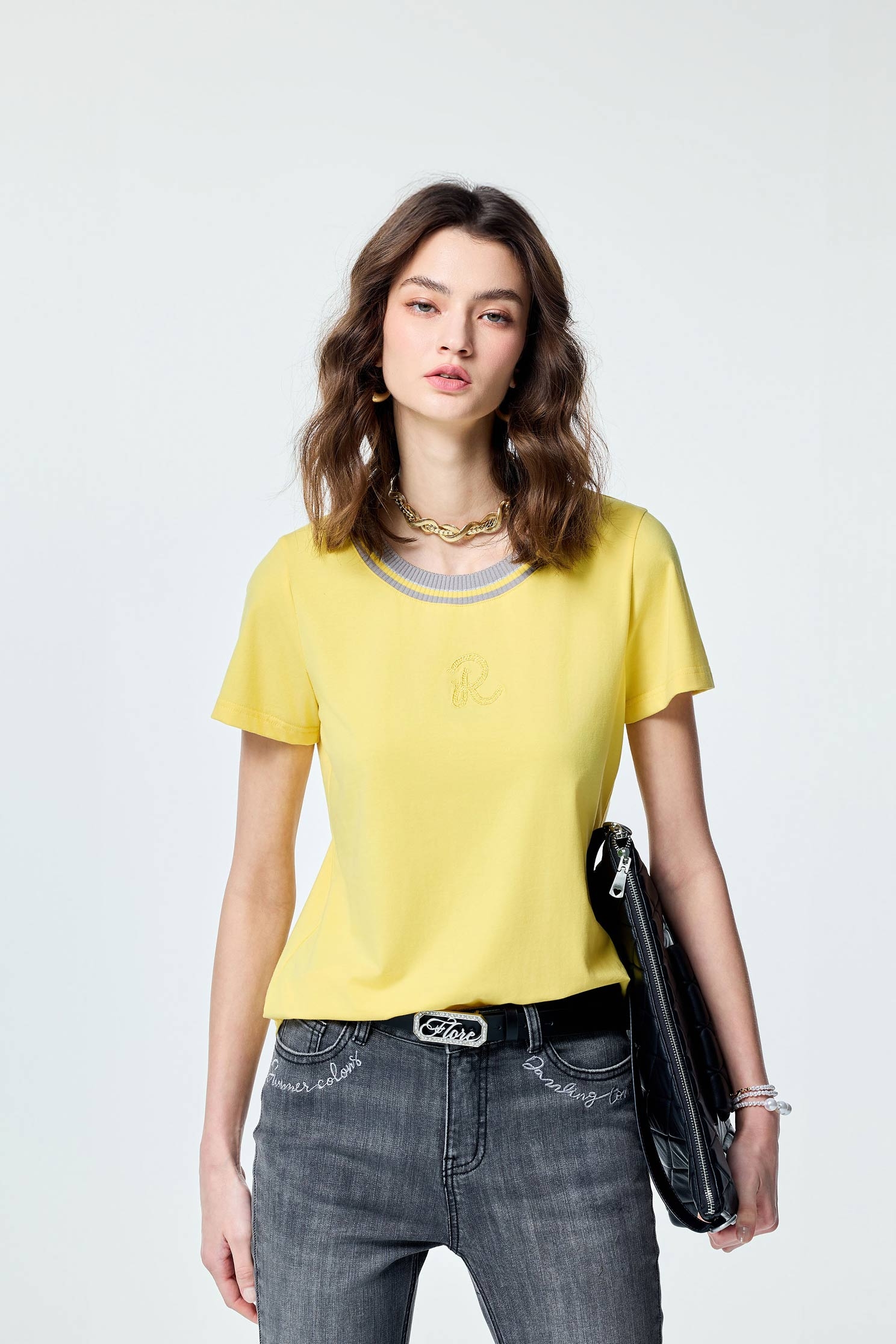 Contrast Rib Neckline Yellow TeeContrast Rib Neckline Yellow Tee,T-shirts,Tops,Season (SS) Look,Cotton,Embroidered,Urban Fashion