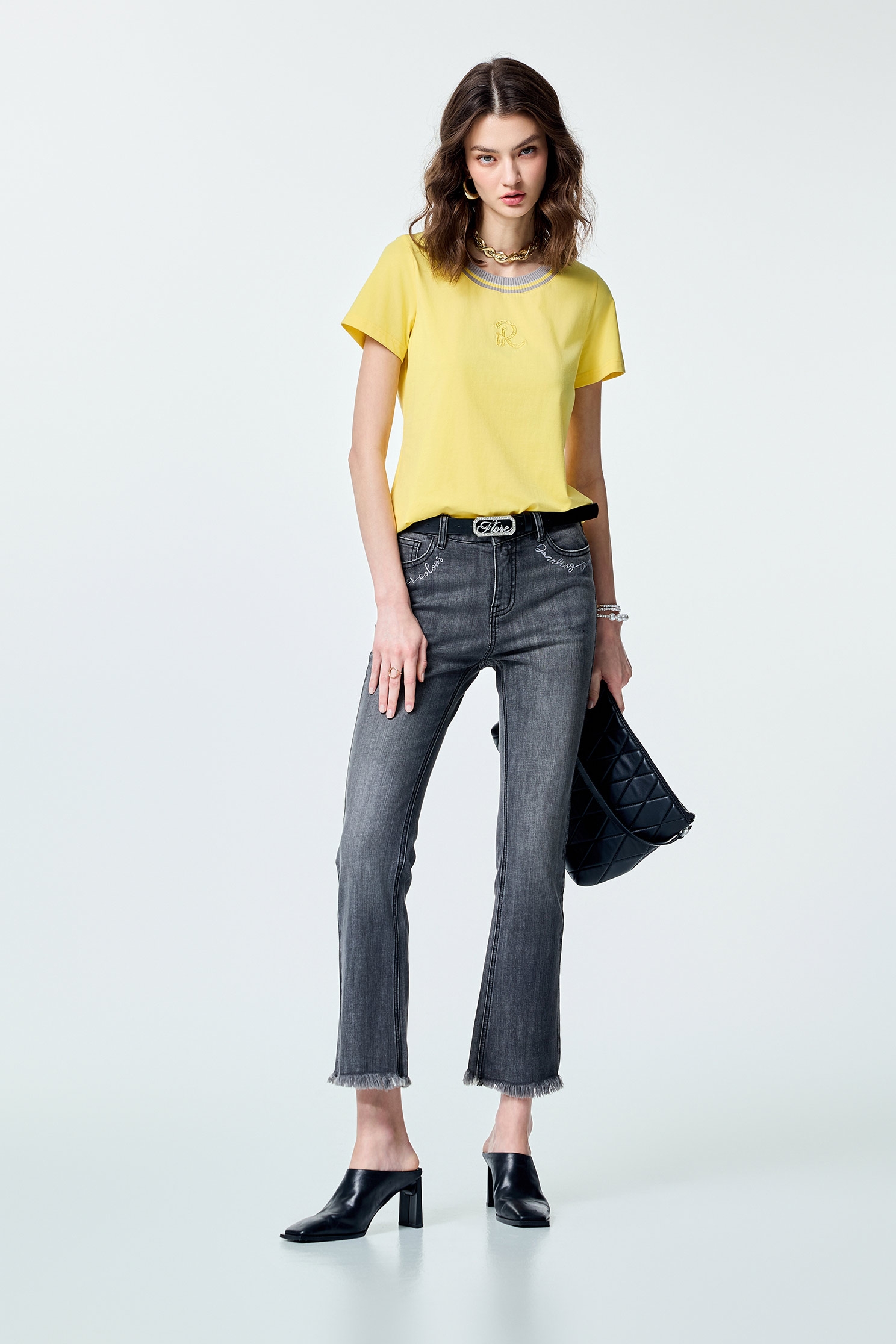 Contrast Rib Neckline Yellow TeeContrast Rib Neckline Yellow Tee,T-shirts,Tops,Season (SS) Look,Cotton,Embroidered,Urban Fashion