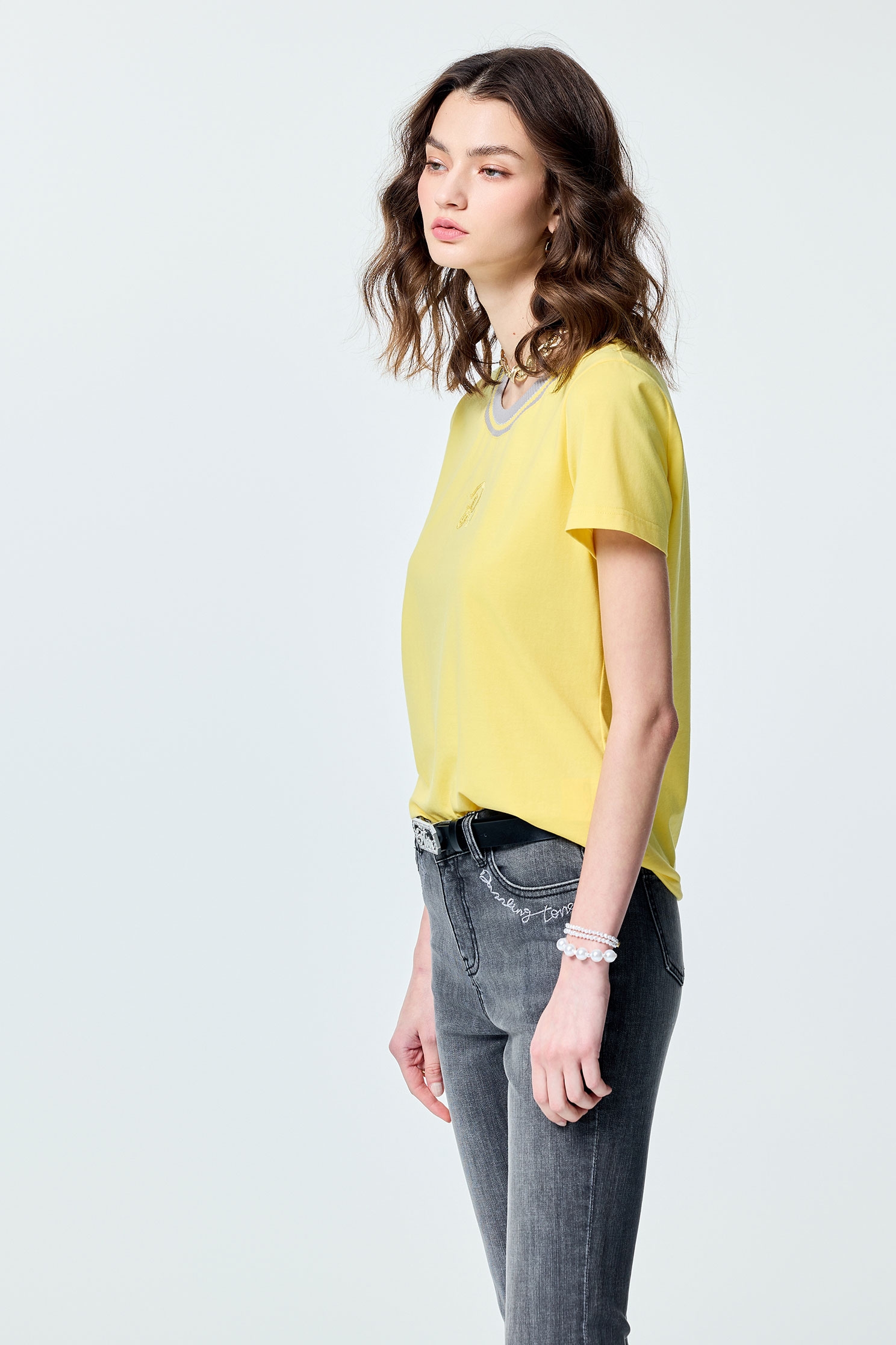 Contrast Rib Neckline Yellow TeeContrast Rib Neckline Yellow Tee,T-shirts,Tops,Season (SS) Look,Cotton,Embroidered,Urban Fashion