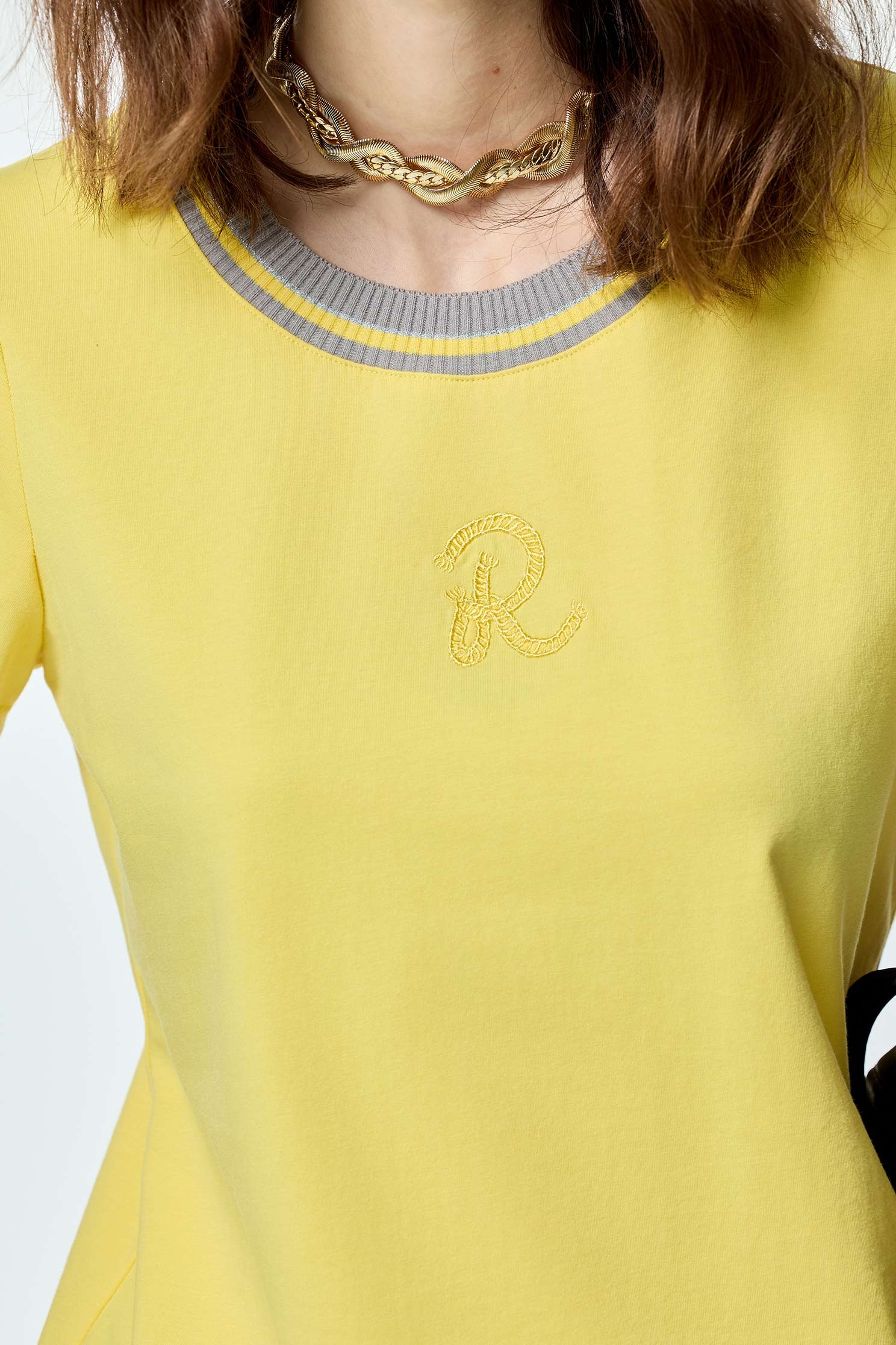 Contrast Rib Neckline Yellow TeeContrast Rib Neckline Yellow Tee,T-shirts,Tops,Season (SS) Look,Cotton,Embroidered,Urban Fashion
