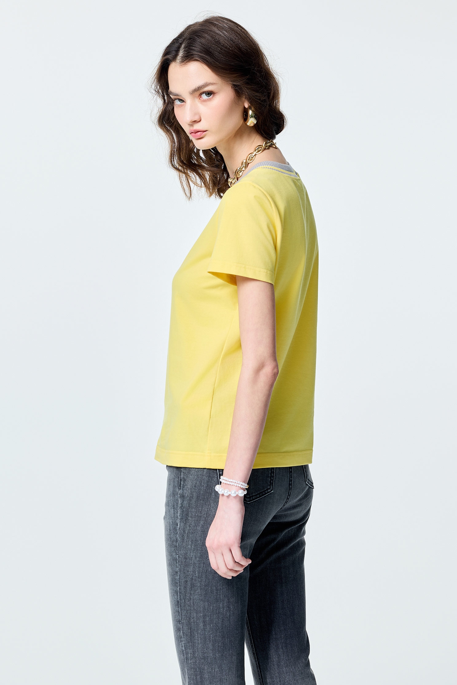 Contrast Rib Neckline Yellow TeeContrast Rib Neckline Yellow Tee,T-shirts,Tops,Season (SS) Look,Cotton,Embroidered,Urban Fashion
