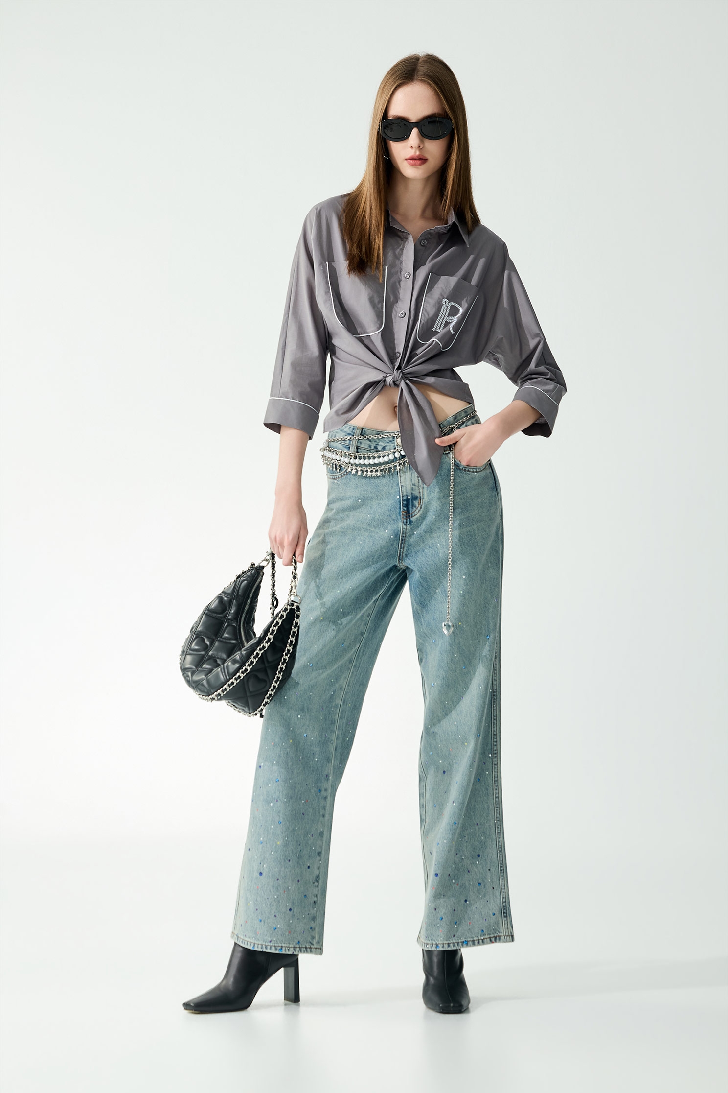 Front Knot Patch Pocket Grey BlouseFront Knot Patch Pocket Grey Blouse,Tops,Season (SS) Look,Embroidered,Blouses,Urban Fashion