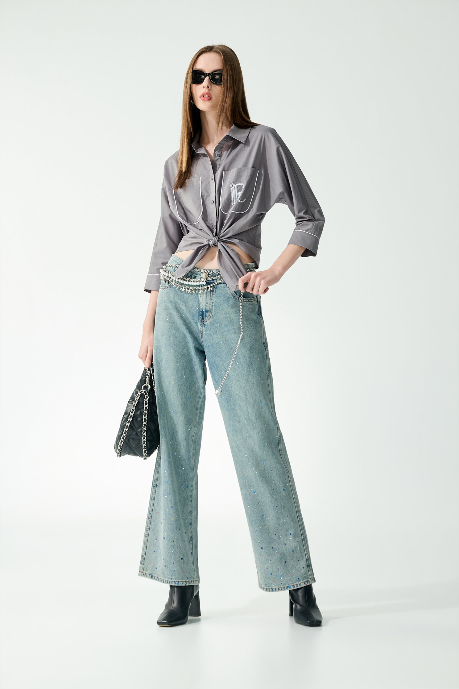 Front Knot Patch Pocket Grey BlouseFront Knot Patch Pocket Grey Blouse,Tops,Season (SS) Look,Embroidered,Blouses,Urban Fashion
