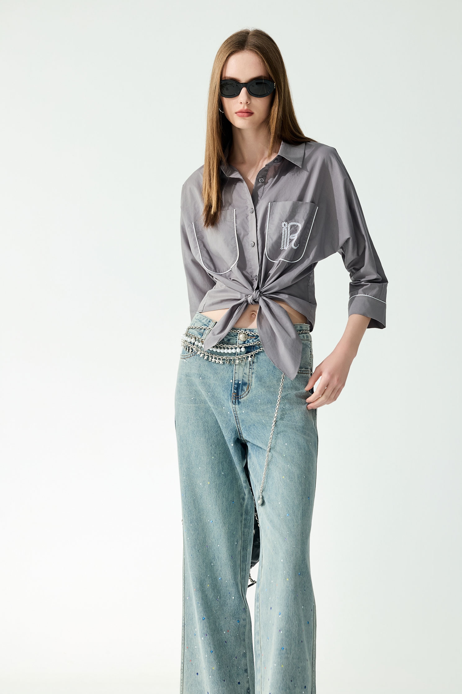 Front Knot Patch Pocket Grey BlouseFront Knot Patch Pocket Grey Blouse,Tops,Season (SS) Look,Embroidered,Blouses,Urban Fashion
