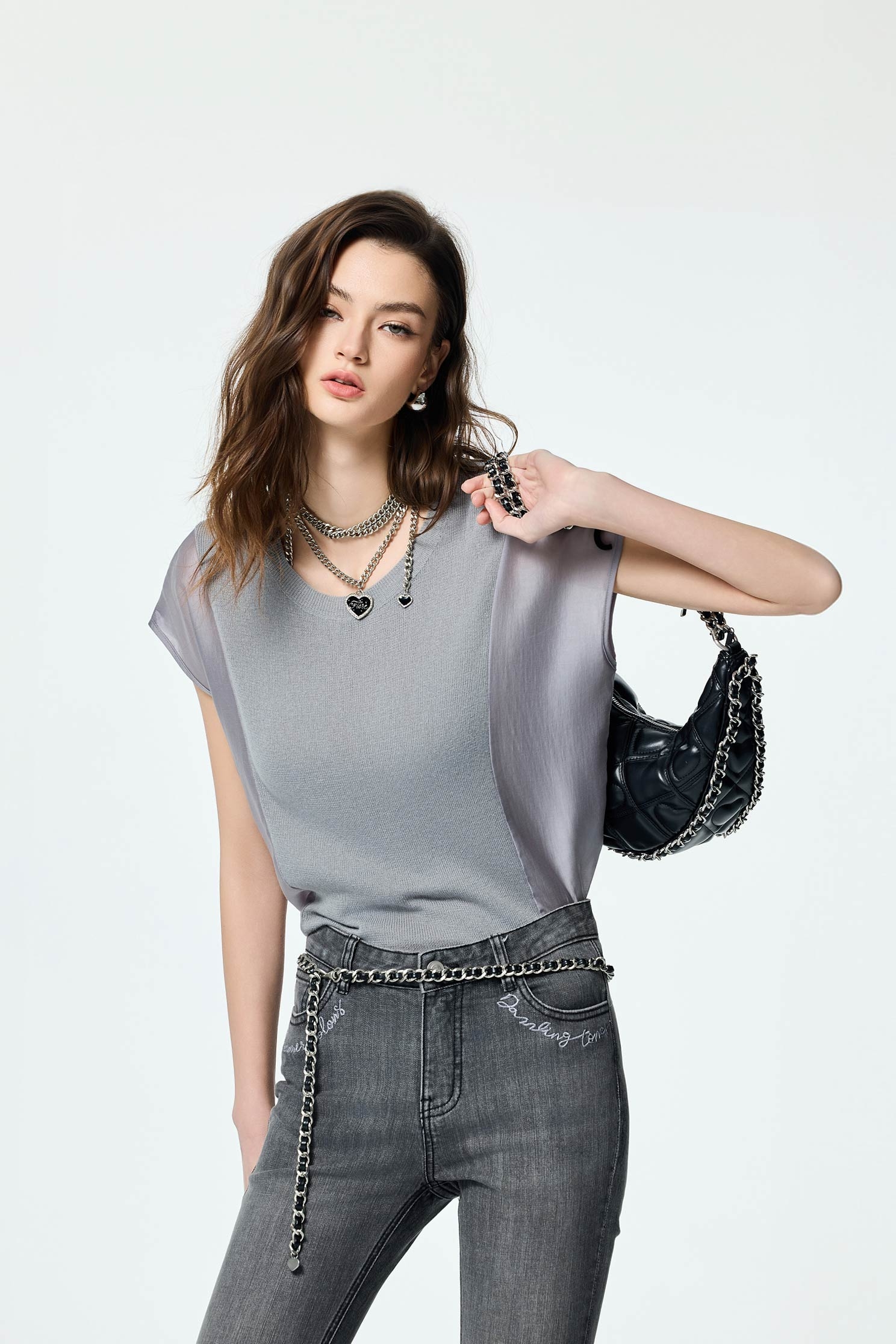 Knit With Woven Mix Fabric Grey TopKnit With Woven Mix Fabric Grey Top,Tops,Season (SS) Look,Urban Fashion,Knitted