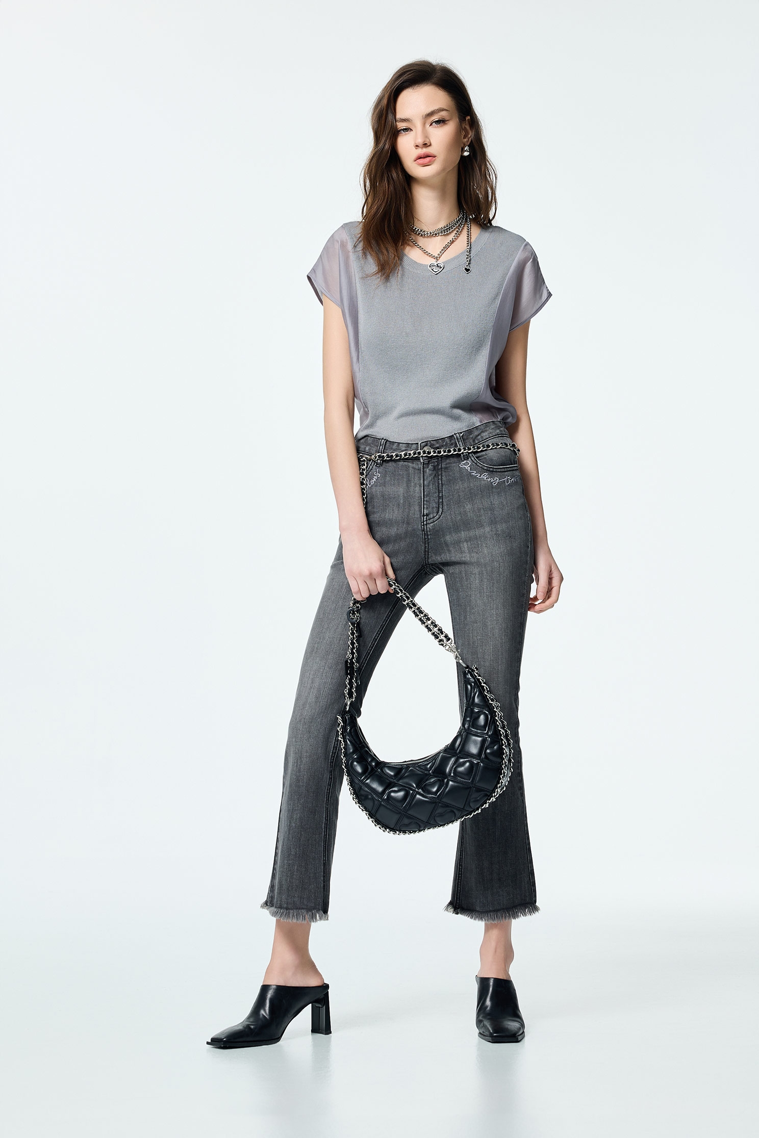 Knit With Woven Mix Fabric Grey TopKnit With Woven Mix Fabric Grey Top,Tops,Season (SS) Look,Urban Fashion,Knitted