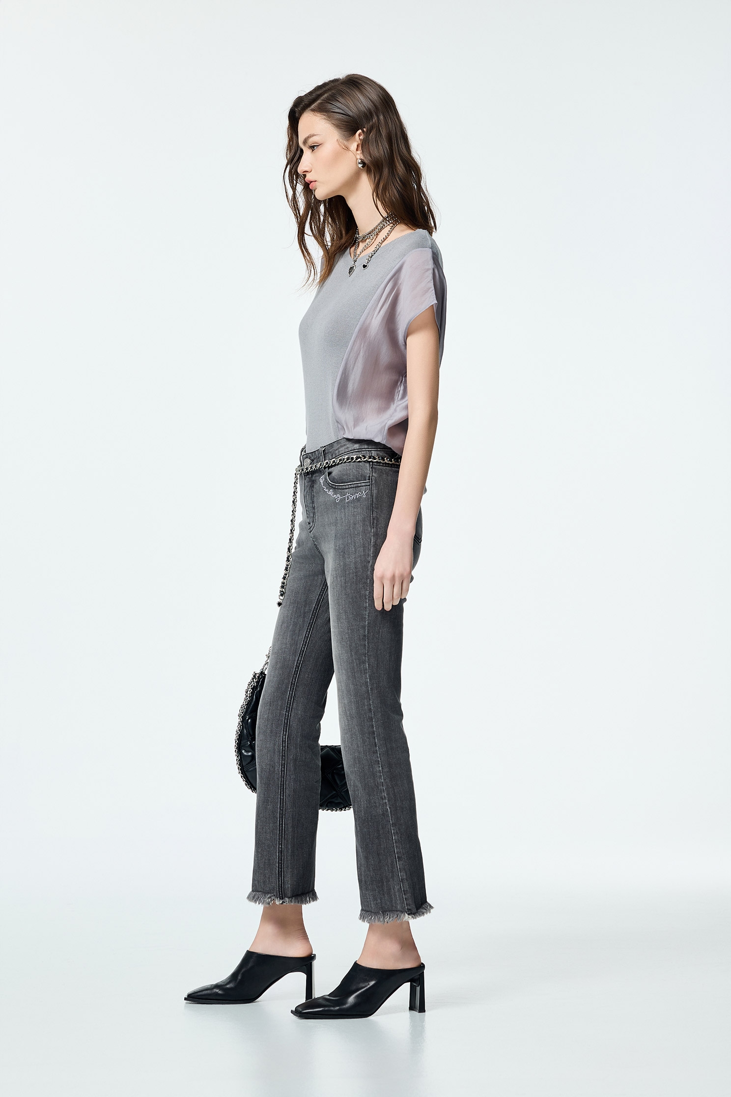 Knit With Woven Mix Fabric Grey TopKnit With Woven Mix Fabric Grey Top,Tops,Season (SS) Look,Urban Fashion,Knitted