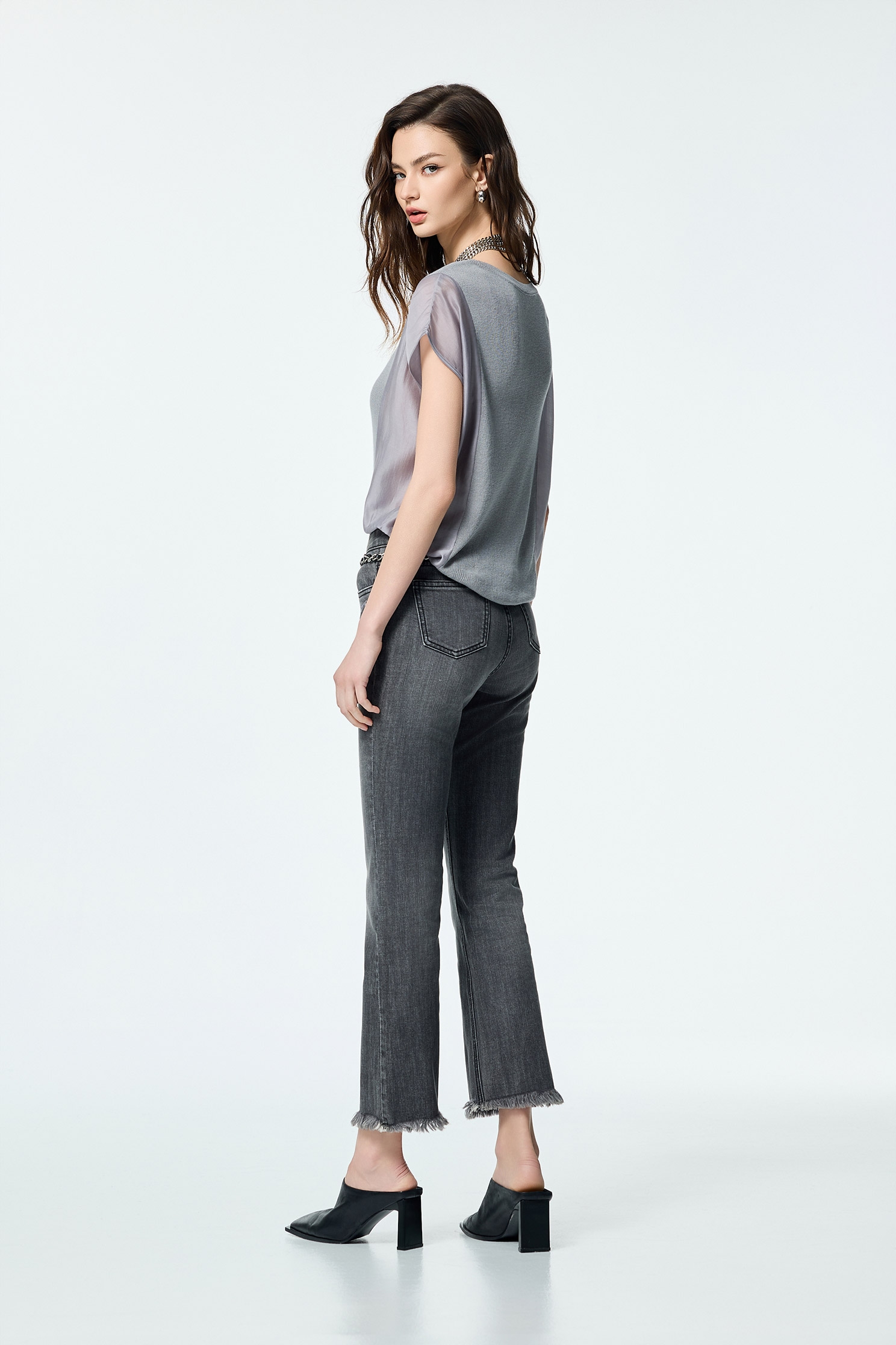 Knit With Woven Mix Fabric Grey TopKnit With Woven Mix Fabric Grey Top,Tops,Season (SS) Look,Urban Fashion,Knitted
