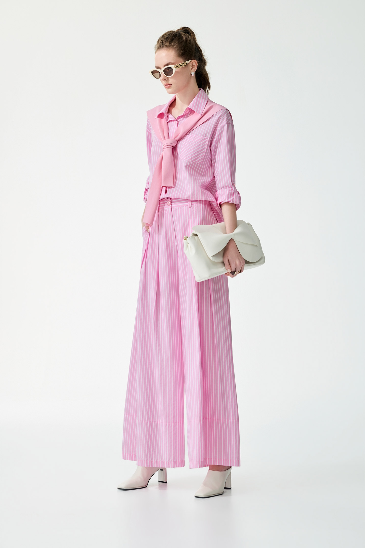 White Pinstripe Pink Blouse With Shawl,Tops,Season (SS) Look,Stripe,Blouses