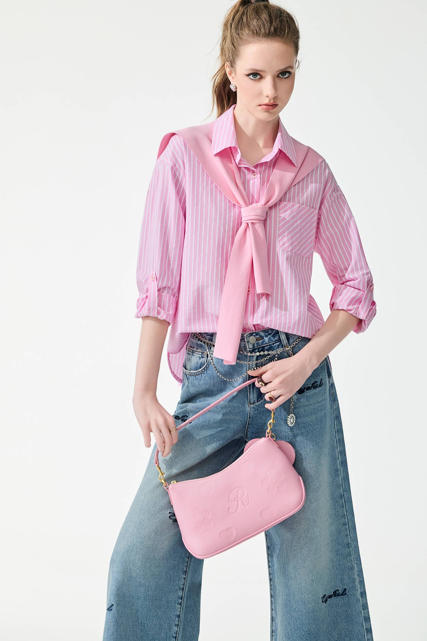 White Pinstripe Pink Blouse With Shawl,Tops,Season (SS) Look,Stripe,Blouses