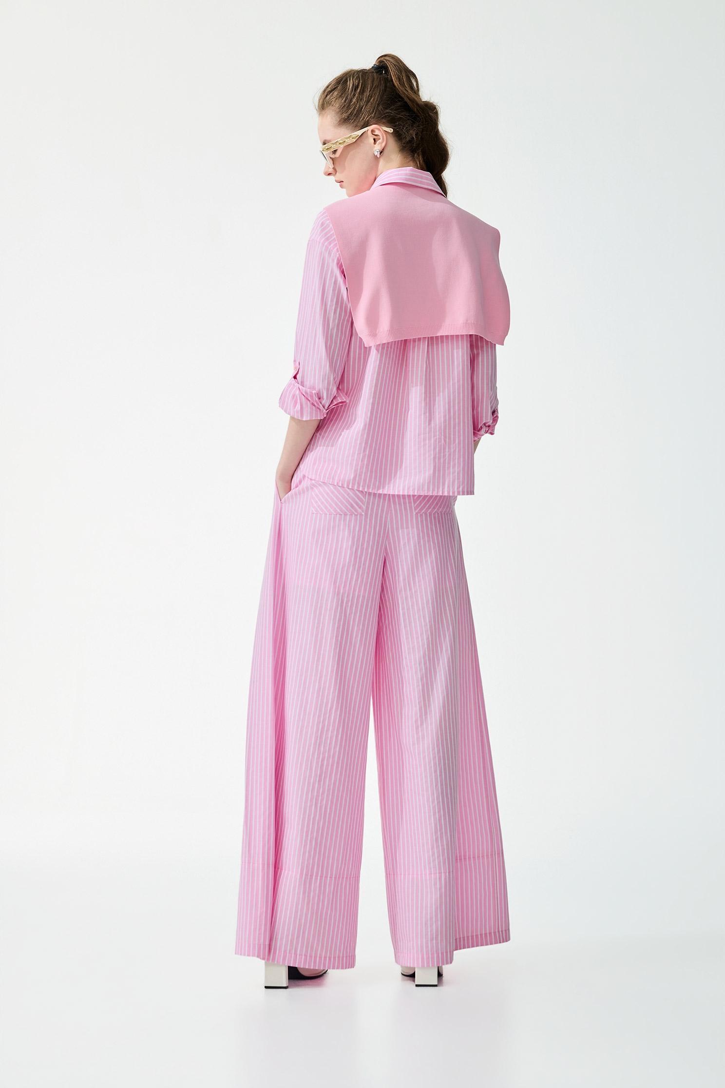 White Pinstripe Pink Blouse With Shawl,Tops,Season (SS) Look,Stripe,Blouses