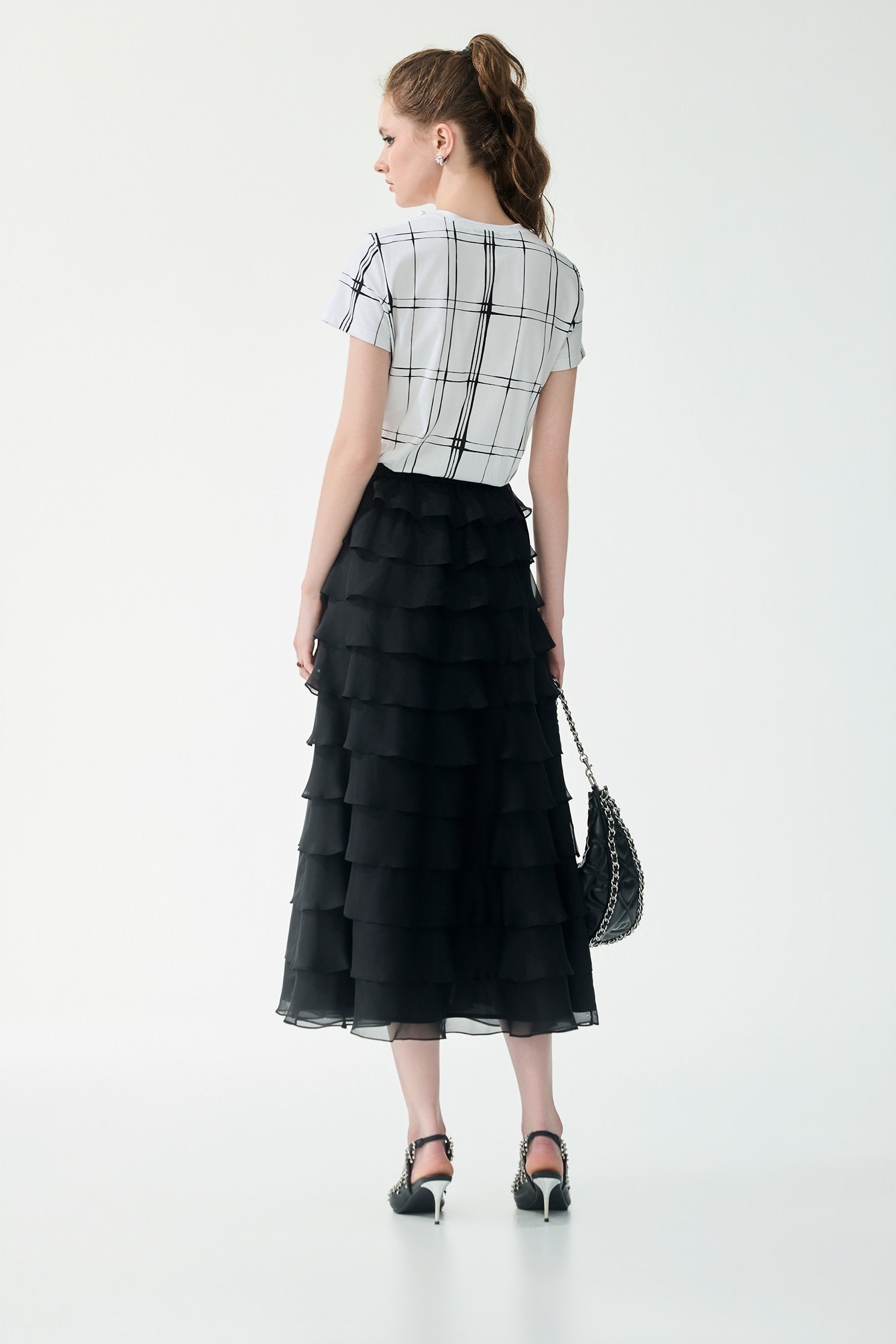 Pearl Detail Checked TeePearl Detail Checked Tee,Tops,Season (SS) Look,Plaid,pearl,White tops,Cotton